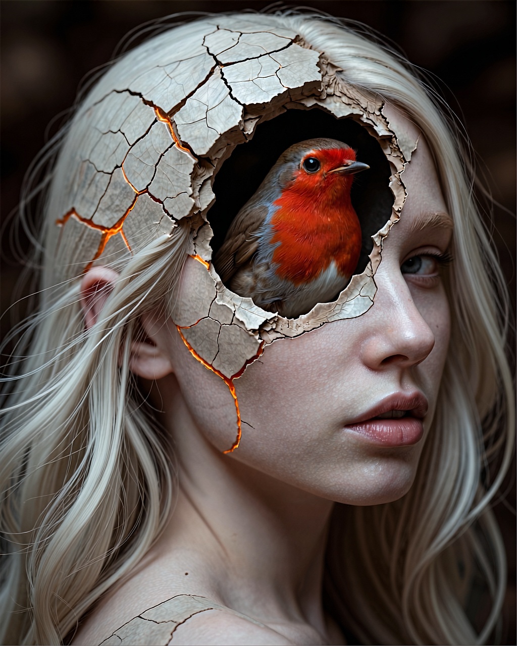 A hauntingly realistic,  melancholic portrait of a European woman with white,  cracked skin on Tensor.Art