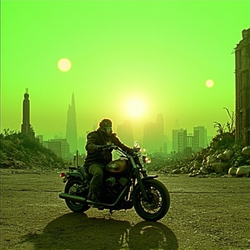 8. In the style of ohwx,  A post-apocalyptic wasteland stretches out before a lone figure on a motorcycle. The rider wears...