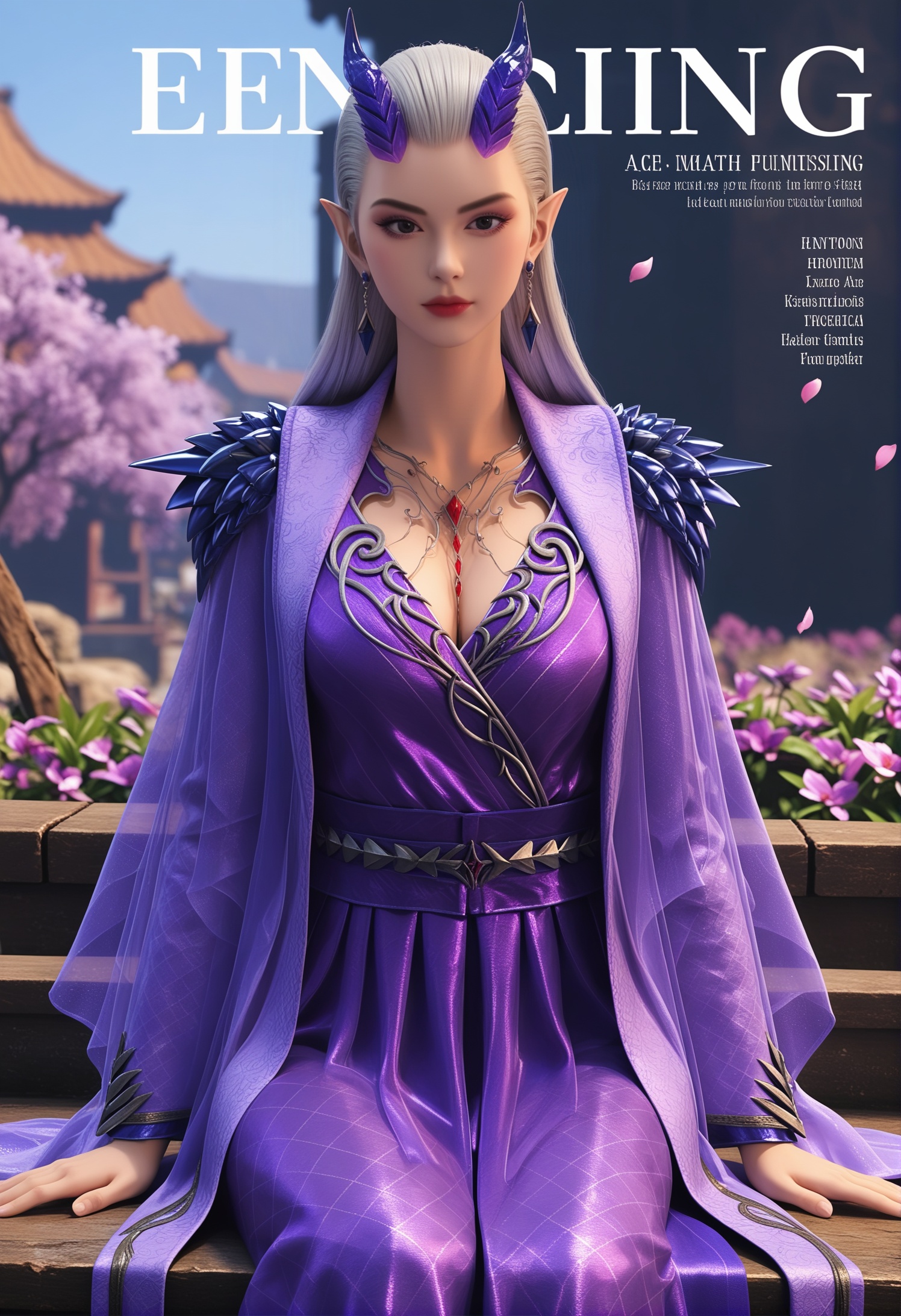 score_9,score_8_up,score_7_up,1girl,solo,(sitting:1.4),full_shot,(advertising cover:1.2),(magazine cover theme:1.05),1girl,solo,realistic,dress,long dress,long skirt,cape,purple dress,purple cape,blue cape,robe,shoulder armor,see-through,long sleeves,elf,horns,demon horns,realistic,jewelry,hair ornament,gem,necklace,crystal earrings,purple gemstone,earrings,1girl,solo,realistic,(mature face:1.1),big eye,slender face,long hair,white hair,grey hair,black eyes,eyelashes,makeup,lipstick,purple eyeshadow,eyeshadow,pointy ears,closed mouth,realistic,(advertising cover:0.9),grey_background,(white_background:0.9),falling petals,(depth of field:1.2),depth_of_field,(looking at viewer:1.1),<lora:小巳-摩纳娑pony:0.85>,
