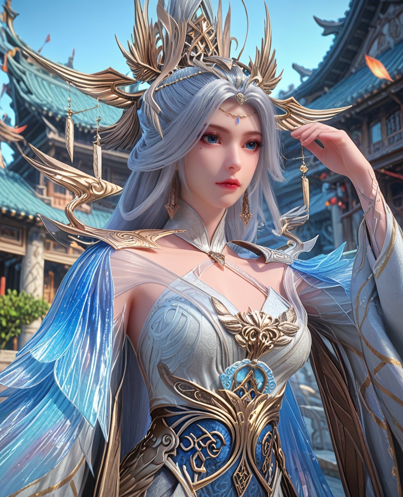 (oriental architecture, elegant decor, sophisticated style:1.1),(Hands on the back of the head, looking casual:1.1),(breasts:1.2),<lora:XL百炼成神宁雨蝶spur:0.9>,miss ningyudie,silver paired with blue dress,sash,blue shawl sleeves,side slit,mole under right eye,forehead pendan,eyelashes,blue eyes,white hair,long hair,headdress,wide sleeves,hair bun,slender legs,jewelry,earrings,, zPDXL2, score_9, score_8_up, score_7_up BREAK realistic, masterpiece,best quality, highly detailed,, zPDXL3, zPDXL2,zPDXL, zPDXLxxx, zPDXLrl,