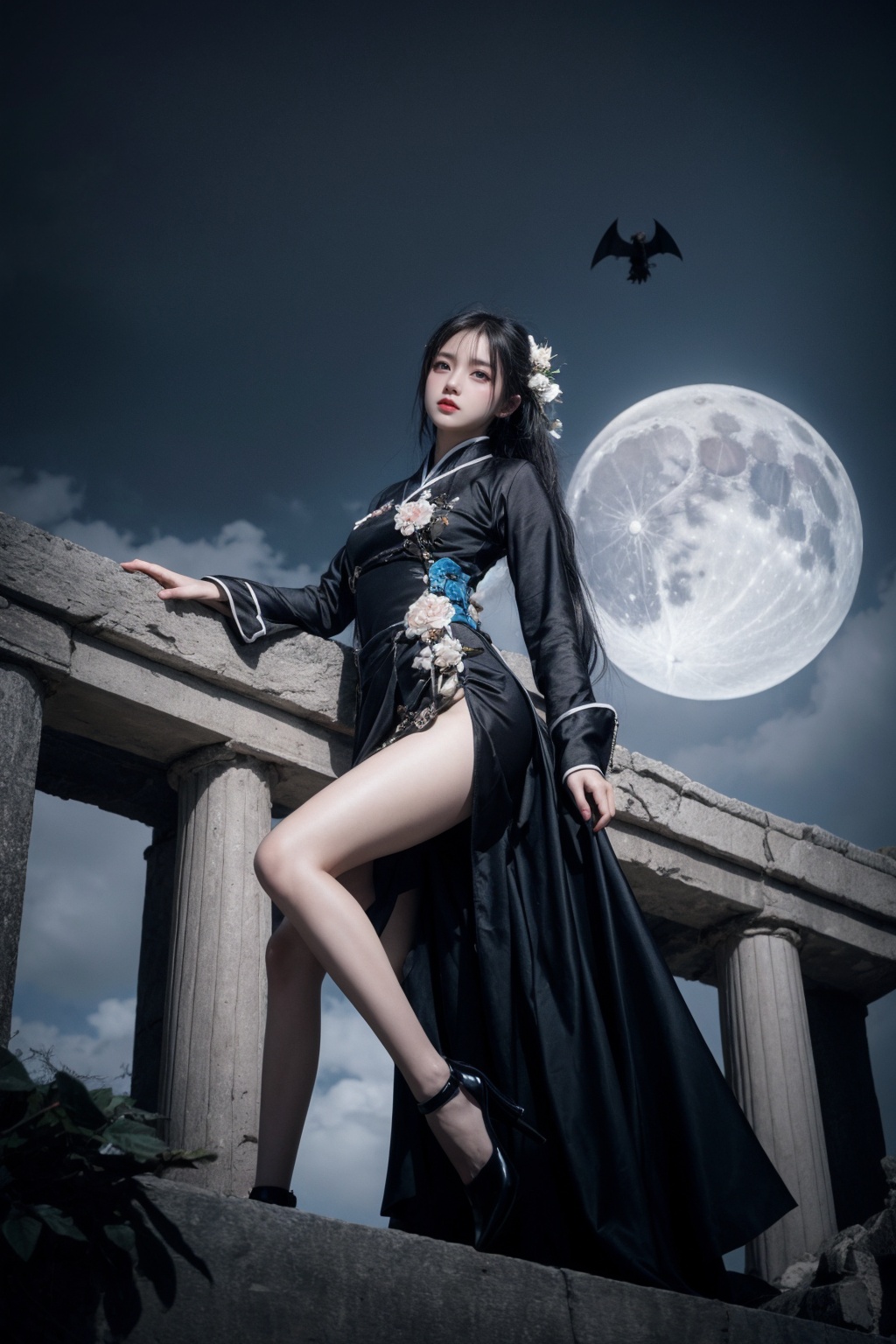 masterpiece,best quality,1girl,solo,a pale face,blue eyes,black qipao,(head_tilt:1.3),(single handed support head:1.3),big long legs,crossed_legs,high_heels,(from_side:1.3),(from_below:1.3),throne BREAKbat,who has seen the wind,crow,moon,dark clouds,the blue rose,blood,human skeleton,BLUE FLAME BREAK(chain ring, chain storm, dark chain,((wholeblack bloomer)), darkside, night, deep dark, darkness, ((dark clouds)),((ruins)),shadow, death garden:0.9),be outstanding at a given time,cos,hanfu,