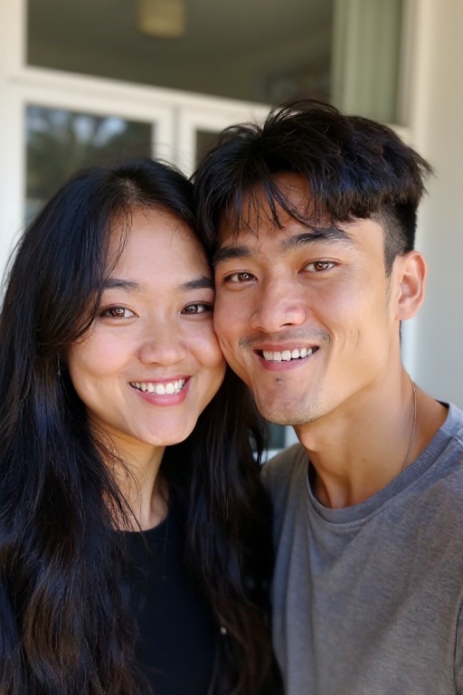 <lora:20250521_AgainMouthSizeF1Lora:-3>,This is a photograph of a young couple posing for a selfie indoors. The woman, with long black hair, wears a black top. The man, with short dark hair, is in a shirt. The background is outdoors.