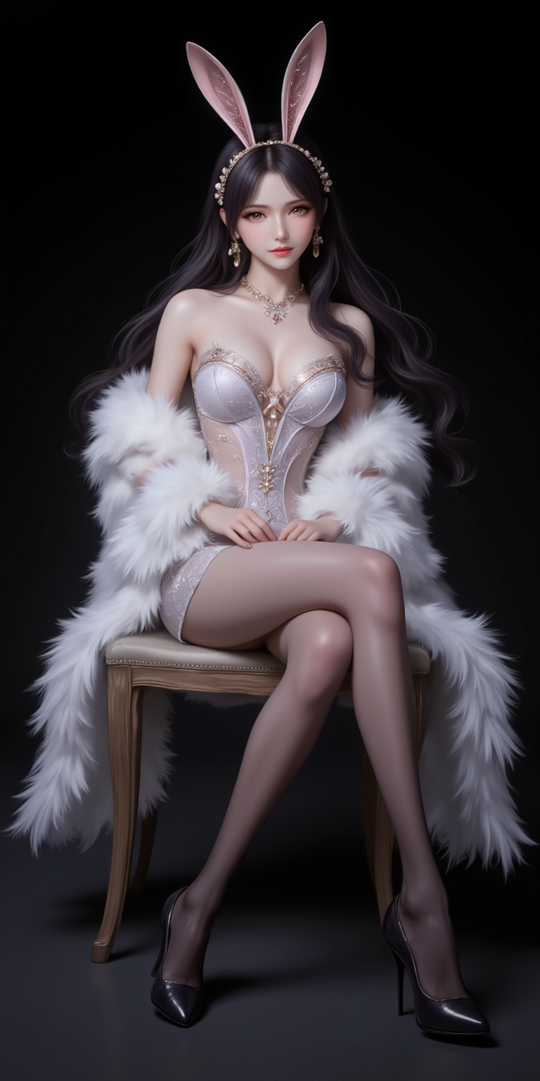 <lora:婚纱1·人物百搭款6:1.1>,hunsha,1girl,dress,solo,breasts,fur shawl,white dress,cleavage,bare shoulders,medium breasts,indoors,strapless dress,sparkle,high_heels,legs,black_pantyhose,sitting,chair,black_background,simple background,cover,gradient background,close-up details,outstanding style,adding a touch of dimension to your images without compromising details,close-up,<lora:DJ滤镜_2.5D版:0.3>,lvjing,<lora:油画唯美滤镜15:0.2>,baoshi,<lora:江楠楠·衣服百搭款6:1.1>,jiangnannan,black hair,long hair,wavy hair,very long hair,brown eyes,fair_skin,rabbit ears headwear,