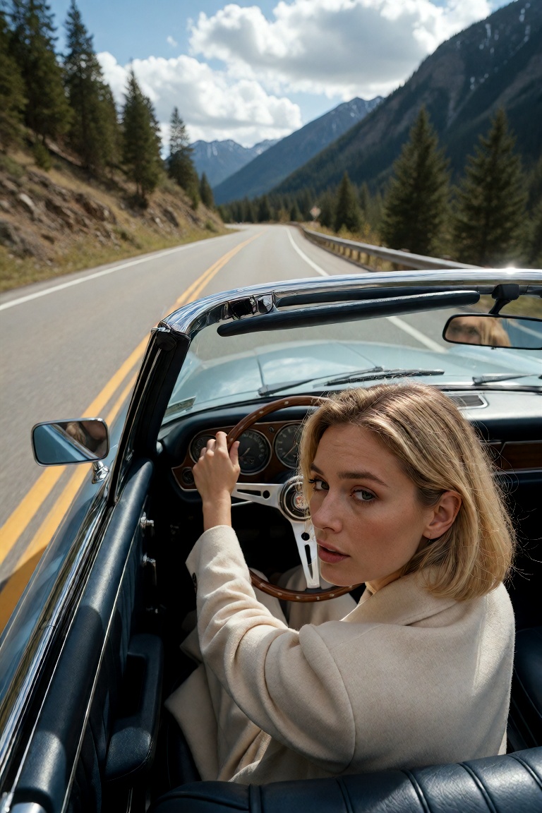 A Caucasian woman aged 35 years old sits inside a vintage convertible as it speeds along a winding mountain highway under...