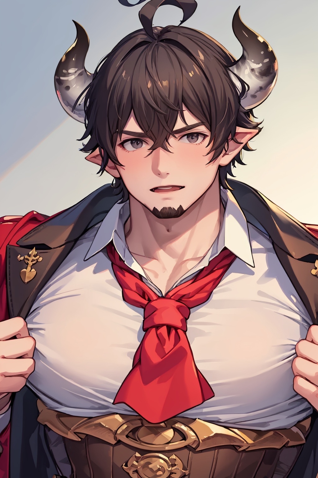 masterpiece,best quality, highly detailed, barawa, 1boy, solo, draph, goatee, horns, looking at viewer, pectorals, upper body, ahoge, muscular male, bara, necktie,<lora:barawa:1>
