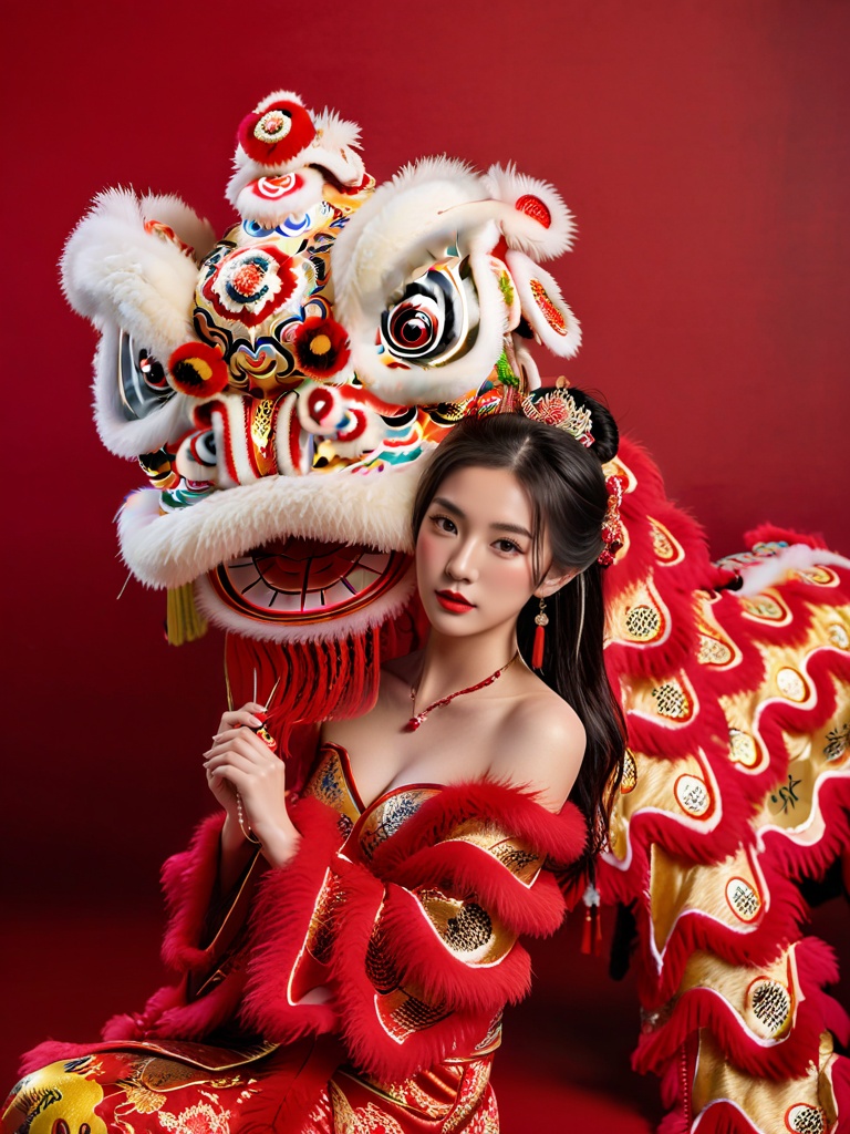 1girl with a big lion head,  bare shoulders,  black hair on Tensor.Art