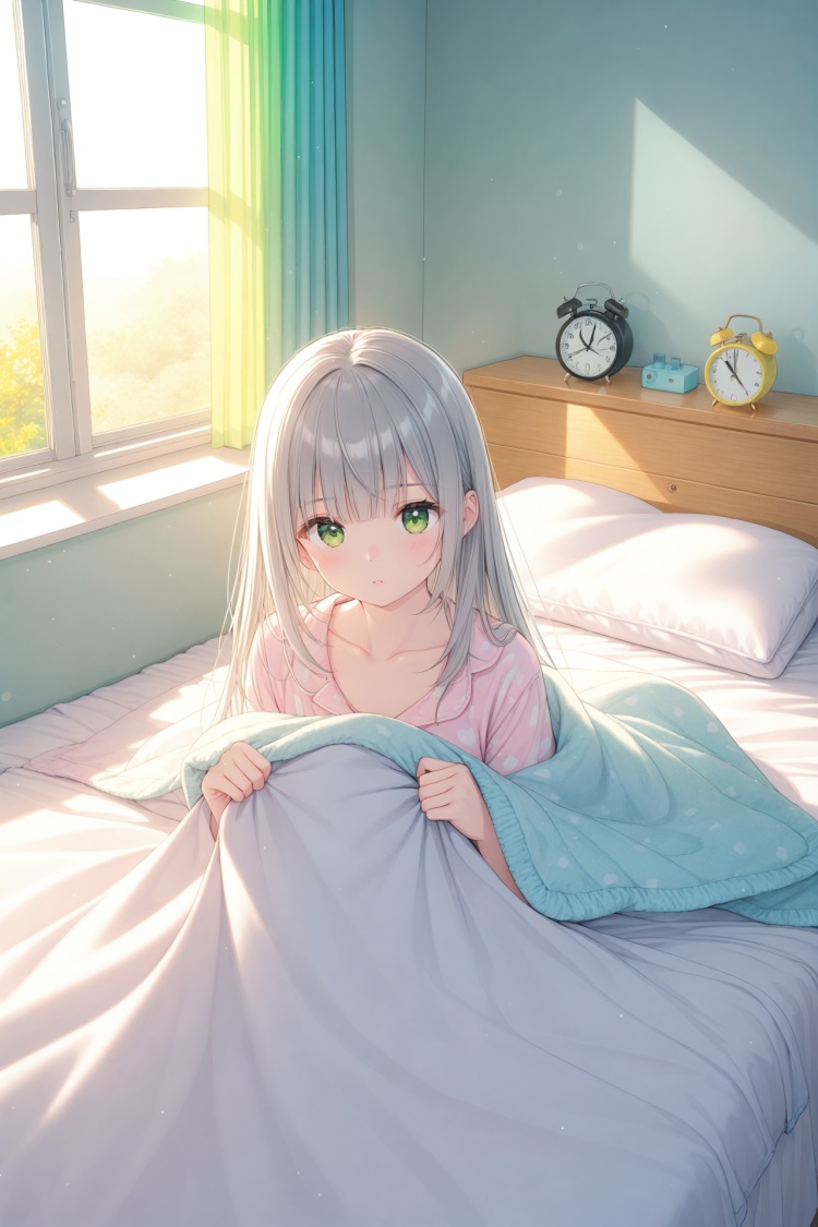 (masterpiece),(best quality),illustration,ultra detailed,hdr,Depth of field,(colorful),loli,1girl,clock,solo,alarm clock,under covers,green eyes,bed,long hair,pillow,indoors,sunlight,curtains,pajamas,grey hair,blanket,window,collarbone,bangs,