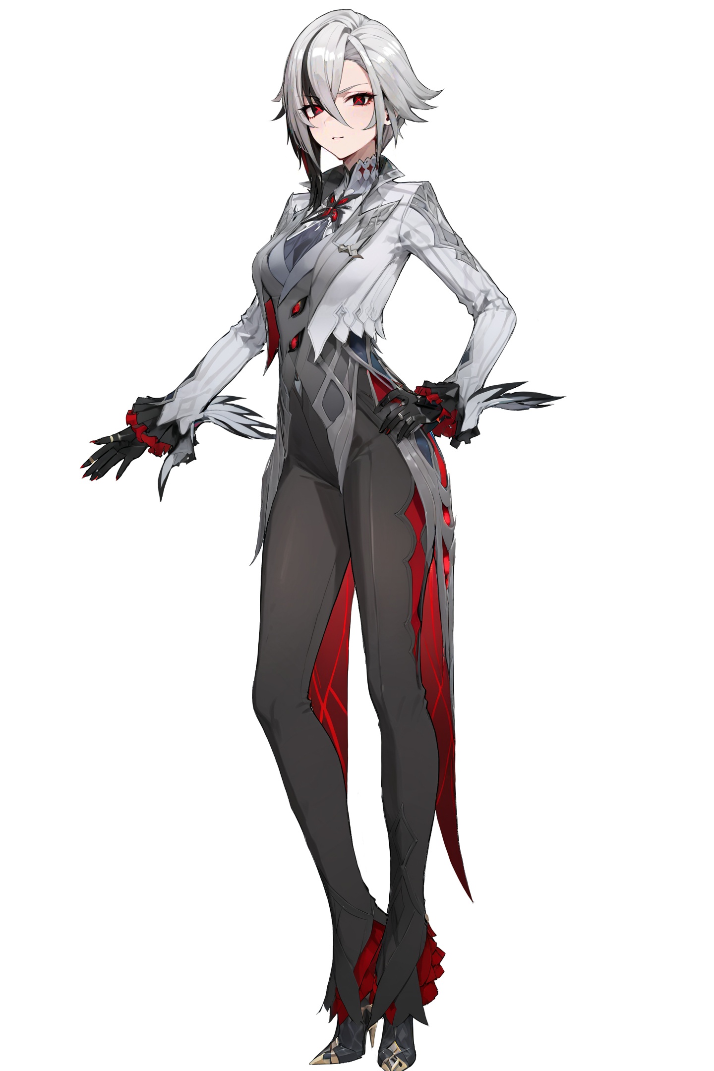 score_9,score_8_up,score_7_up,score_6_up,8k,best quality,masterpiece,(ultra-detailed:1.1),(high detailed skin),(full body:1.4),white background,standing,looking at viewer,(solo:1.4),hand on hip,<lora:Arlecchino-A3-Tanger:0.8>,Arlecchino,def clothes,1girl,x-shaped pupils,red pupils,black gloves,pants,symbol-shaped pupils,(white background, simple background:1.3),(beautiful_face),((intricate_detail)),clear face,((finely_detailed)),fine_fabric_emphasis,((glossy)),full_shot,
