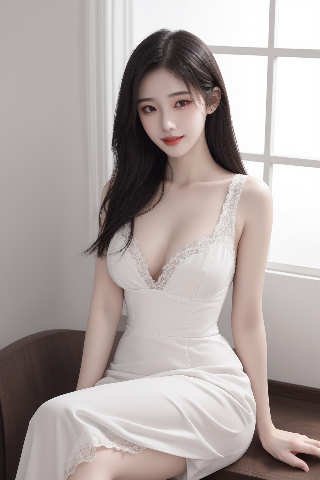 1girl, arm support, black hair, breasts, brown eyes, cleavage, dress, large breasts, lips, long hair, looking at viewer, photorealistic, realistic, sitting, smile, solo, white dress <lora:女:0.8>