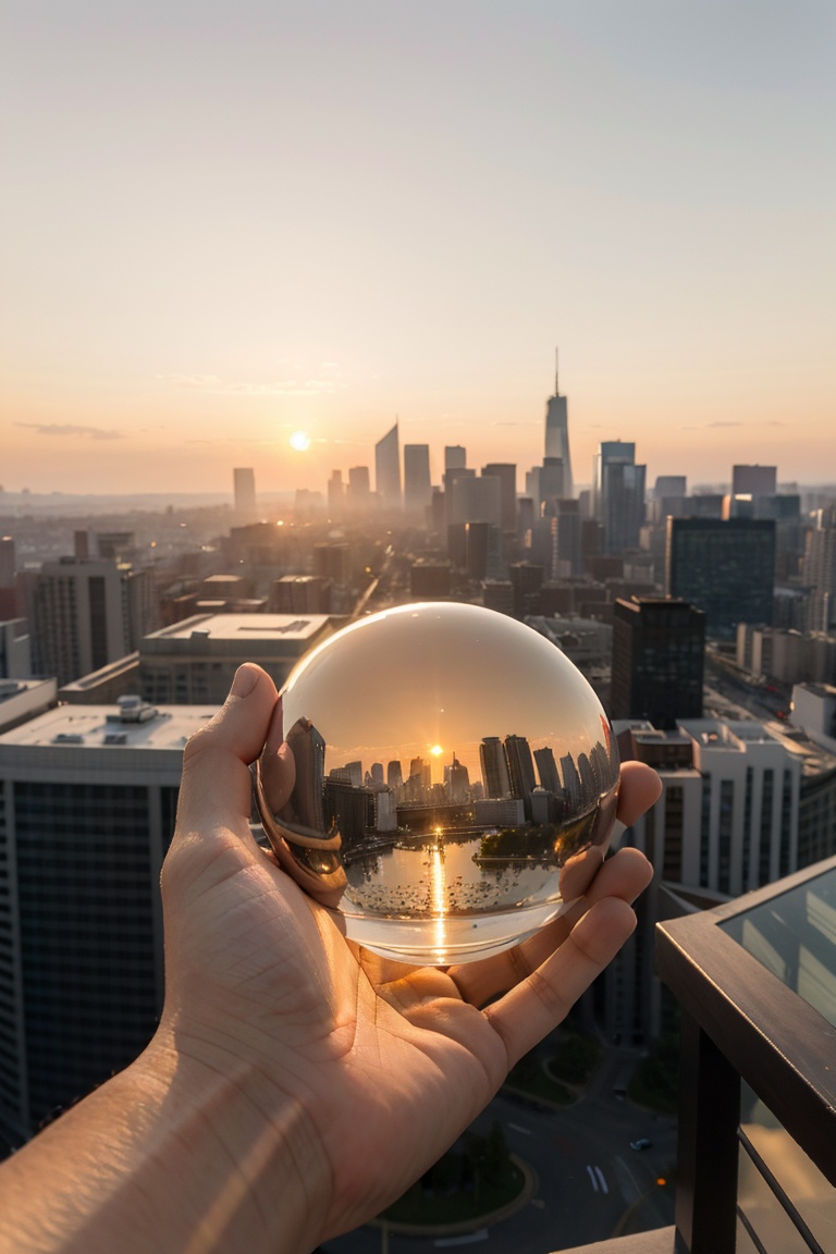 Still life photography,A person's hand gently holds a clear glass sphere,within which a city skyline is captured during sunset. The sun casts a warm orange hue over the buildings,creating a serene and reflective ambiance,, masterpiece,best quality,very aesthetic,absurdres,