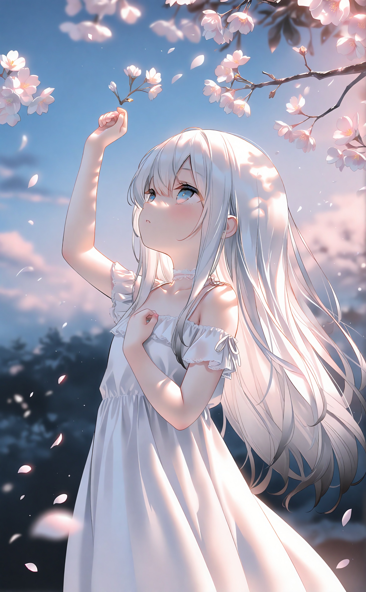 masterpiece,absurdres,best quality,high quality,chromatic_aberration,night,darkness,black theme,photorealistic,high contrast,high saturation,loli,loli,loli,//,1girl,solo,long hair,flower,dress,white hair,blue eyes,white dress,looking up,white choker,petals,outdoors,choker,off-shoulder dress,sky,blurry,parted lips,pink flower,blue sky,blurry foreground,off shoulder,bare shoulders,day,dappled sunlight,collarbone,depth of field,sunlight,arm up,falling petals,short sleeves,hand up,standing,from side,branch,hand on own chest,cherry blossoms,cowboy shot,frills,hair between eyes,blurry background,cloud,holding,<lora:Nai4 gzc:1>,