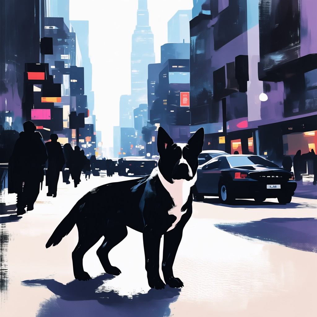 A dog in a city on Tensor.Art