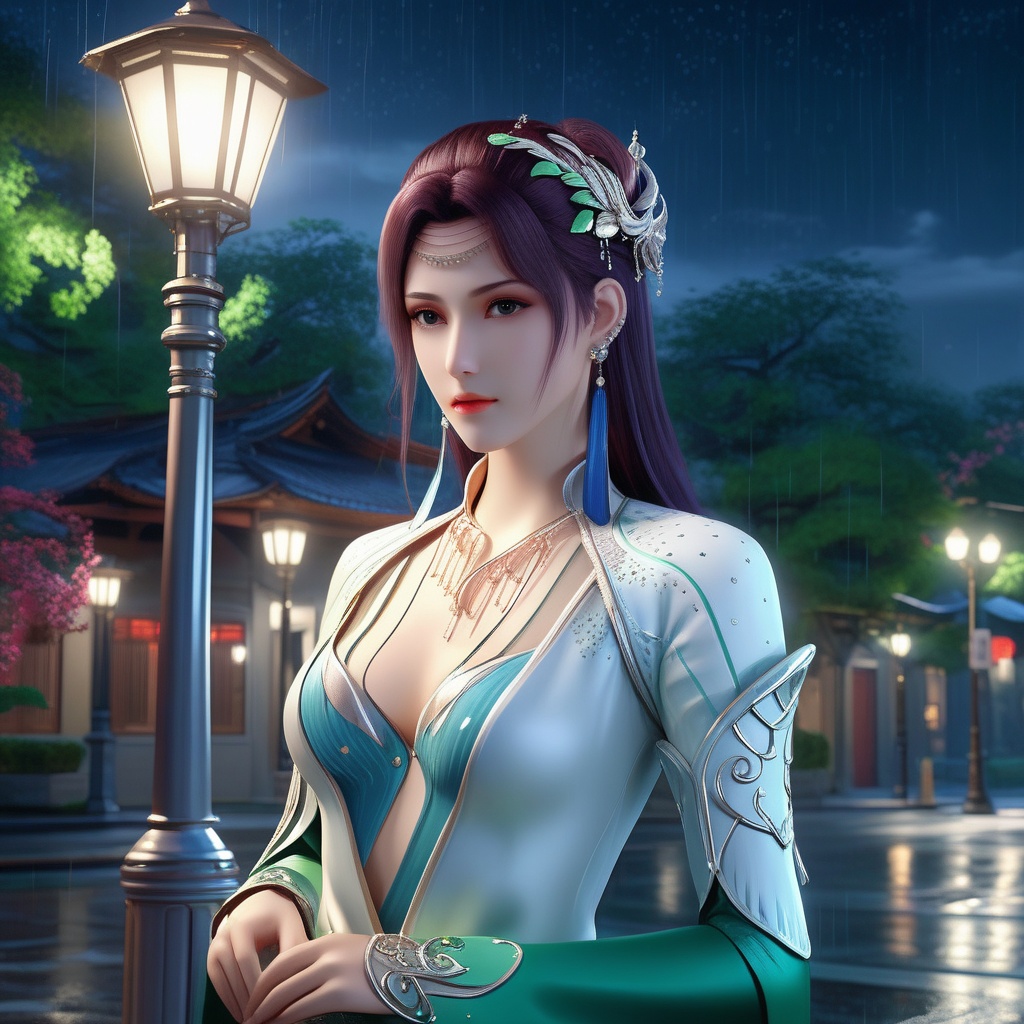 <lora:786-DA-XL-斗破苍穹-云韵-绿服:0.8>, (,1girl, ,best quality, ),looking at viewer, ,ultra detailed 8k cg,            cinematic lighting, cinematic bloom, (( , )),,  , unreal, science fiction,  luxury, jewelry, diamond, pearl, gem, sapphire, ruby, emerald, intricate detail, delicate pattern, charming, alluring, seductive, erotic, enchanting, hair ornament, necklace, earrings, bracelet, armlet,halo,masterpiece, (( , )),,  ,cherry blossoms,(((, night,night sky,lamppost,  ultra high res, (photorealistic:1.4), raw photo, 1girl, , rain, sweat, ,wet, )))(( , ))   (cleavage),spread legs,