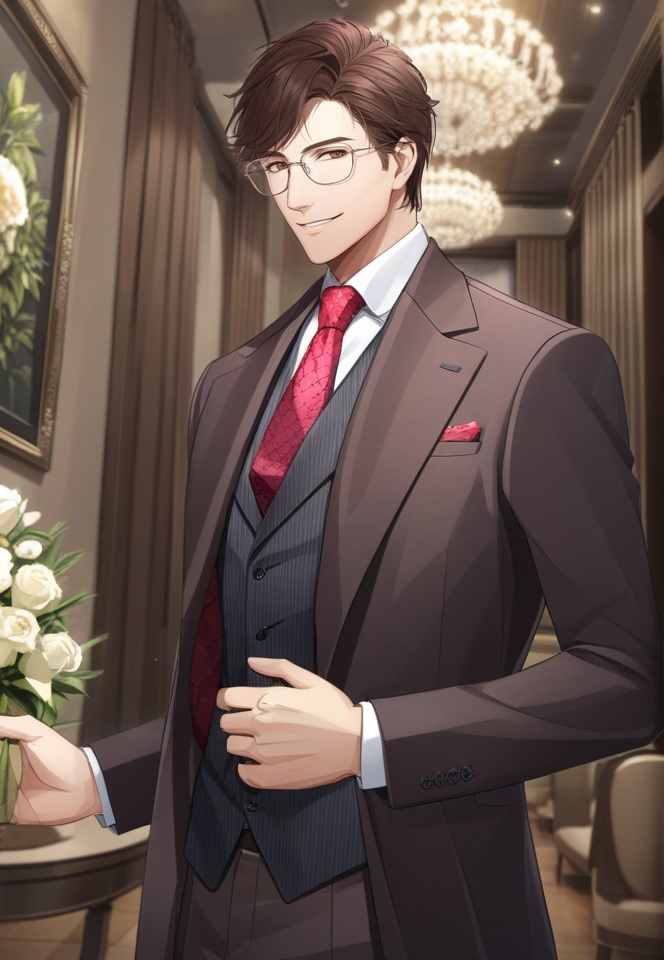 (best quality), ((masterpiece)), (highres), illustration, original, extremely detailed,   <lora:光与夜之恋同人人物篇:0.7>lc, formal, 1boy, suit, male focus, solo, necktie, glasses, black suit, looking at viewer, brown hair, flower, vest, red necktie, smile, indoors, standing, brown eyes