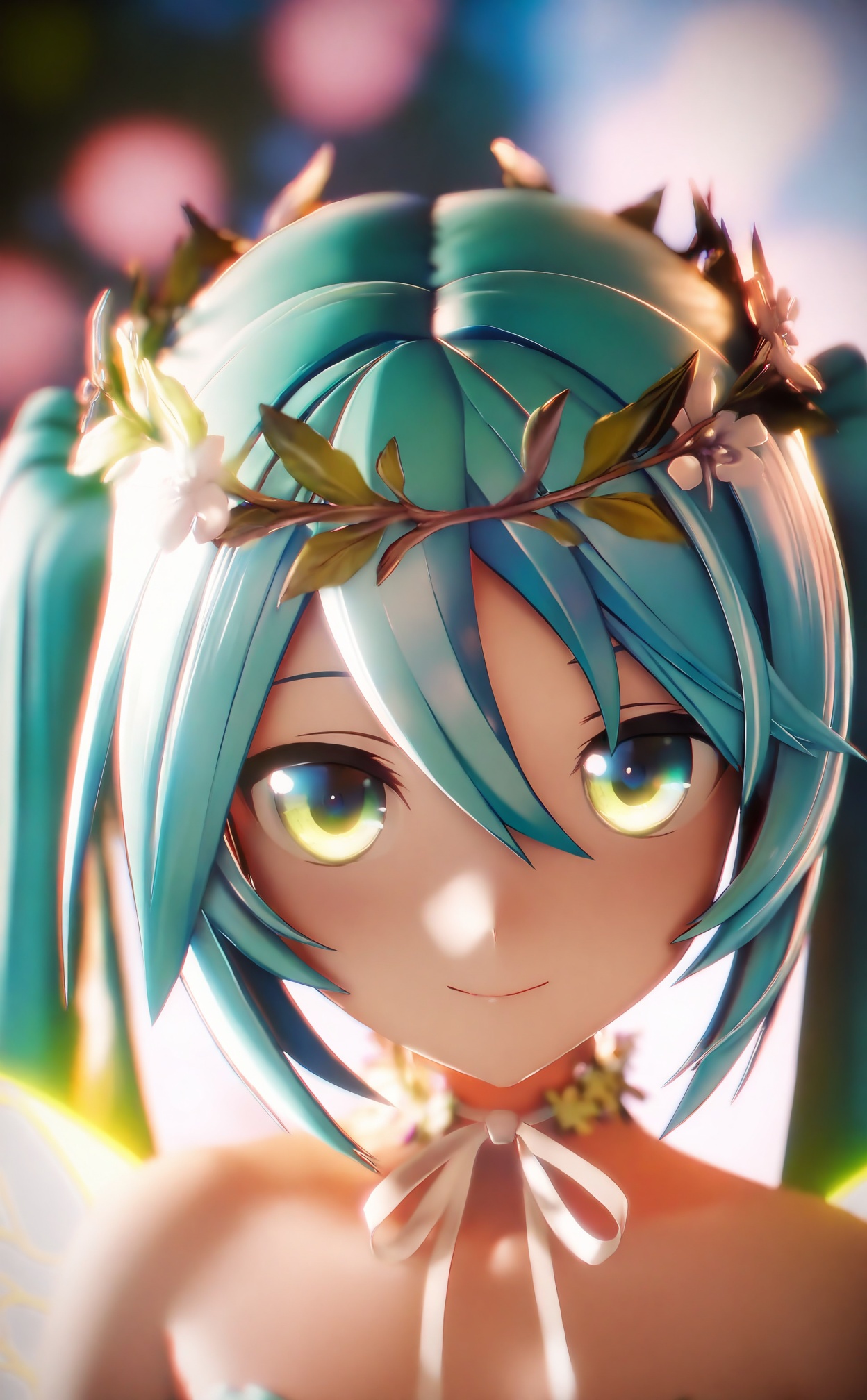 masterpiece,absurdres,best quality,loli,petite,high quality,chromatic_aberration,//,1girl,hatsune_miku,wings,solo,blurry,twintails,blurry_background,looking_at_viewer,aqua_hair,long_hair,bare_shoulders,head_wreath,bokeh,hair_between_eyes,depth_of_field,fairy_wings,choker,upper_body,green_eyes,closed_mouth,light_smile,hair_ornament,ribbon,yellow_eyes,collarbone,backlighting,flower_wreath,smile,transparent_wings,neck_ribbon,portrait,fairy,insect_wings,flower,blue_hair,glowing,hair_flower,ribbon_choker,white_ribbon,//,Depth of field,(colorful),hdr,Tyndall effect,depth of field,Tyndall Effect,blurry,blurry_background,depth_of_field,bokeh,glowing,//,<lora:MMDguangwuran5——【noob】hans:1>,