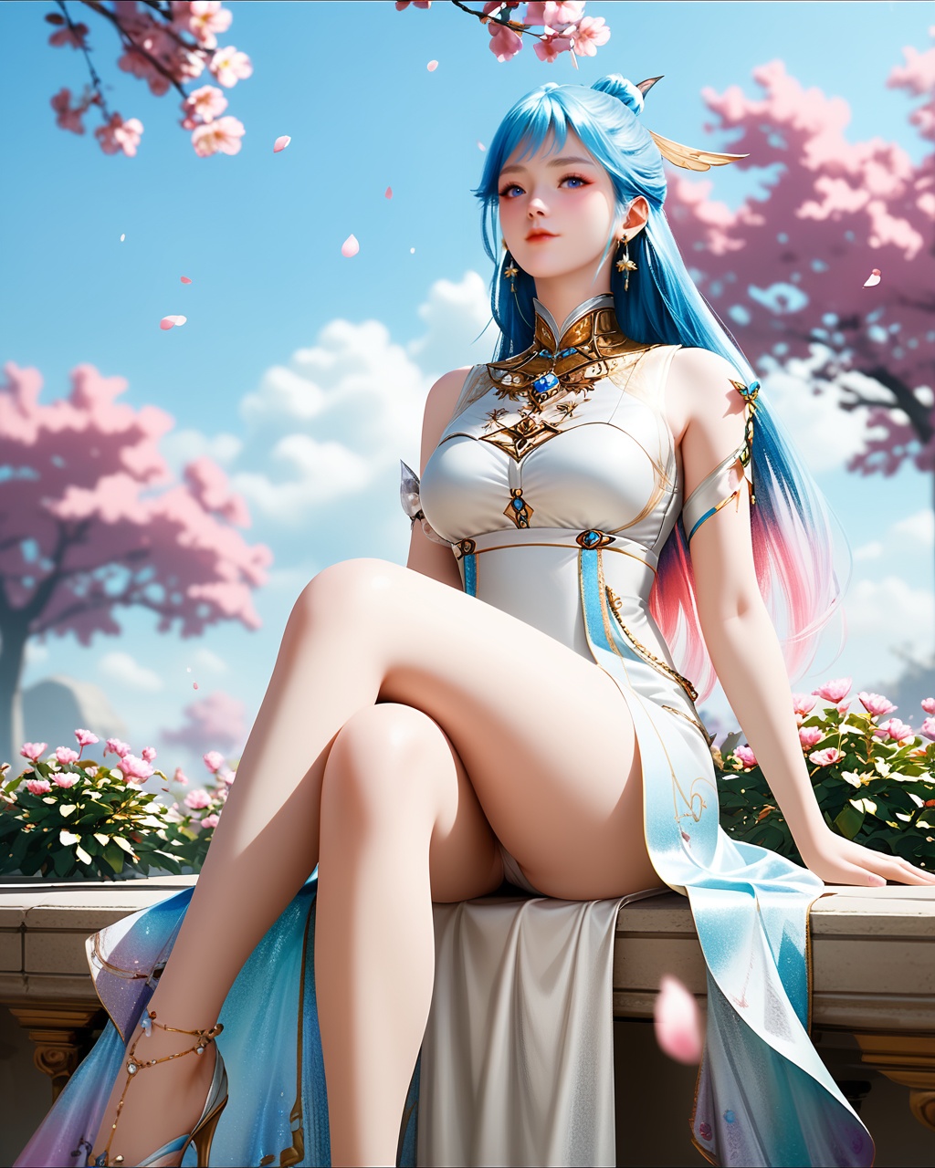 1girl,solo,long hair,breast,medium breast,earrings,hair_ornament,dress,bare_legs,(gaden:1.1),(flower:1.1),sitting,sky,day,thick_thighs,<lora:wy_tangwutong_XL5.0:0.8>,blue hair,blue eyes,blue to pink gradient hair,legs_together,white_dress,, score_9,score_8_up,score_7_up,score_6_up,score_5_up,score_4_up,