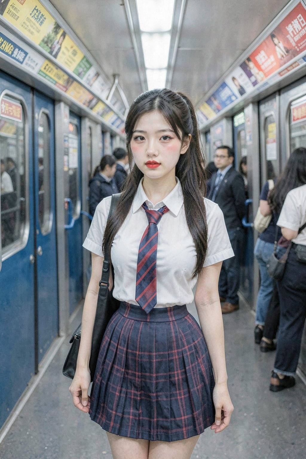 This is a high-resolution photograph taken inside a subway train. The subject is a young Asian woman with a fair complexion and straight, long brown hair tied back in a high ponytail. She is dressed in a school uniform consisting of a white short-sleeved blouse, a red and blue striped necktie, and a pleated blue and red plaid skirt that reaches her mid-thigh. She carries a black leather shoulder bag on her left shoulder. Her makeup is bold, featuring red lipstick, blush, and eyeliner.In the background, the subway car is modern and clean, with blue and gray tones dominating the interior. The train has multiple doors, each with a blue handle and blue handrails. There are advertisements and signs on the walls, including one with a yellow background and green text, and another with a red background and white text. The ceiling is lined with fluorescent lights, and the floor is gray. Other passengers are present, some seated and others standing, all wearing casual clothing, adding to the everyday commuter scene. The overall atmosphere is one of a typical urban commute, with a focus on the schoolgirl uniform as the main subject.