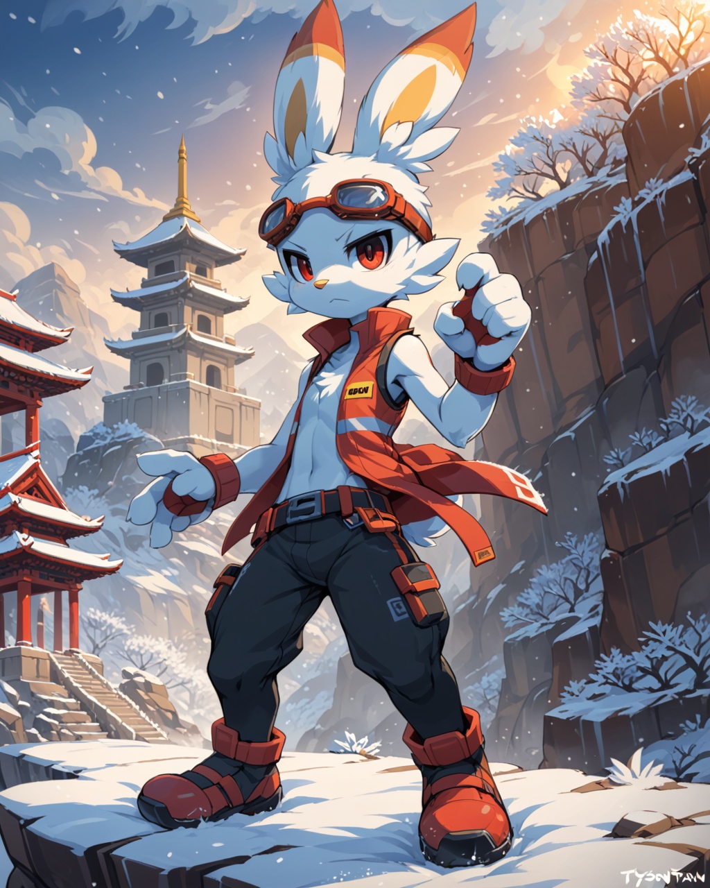 solo chibi king kazma scorbunny,  white body,  red eyes on Tensor.Art