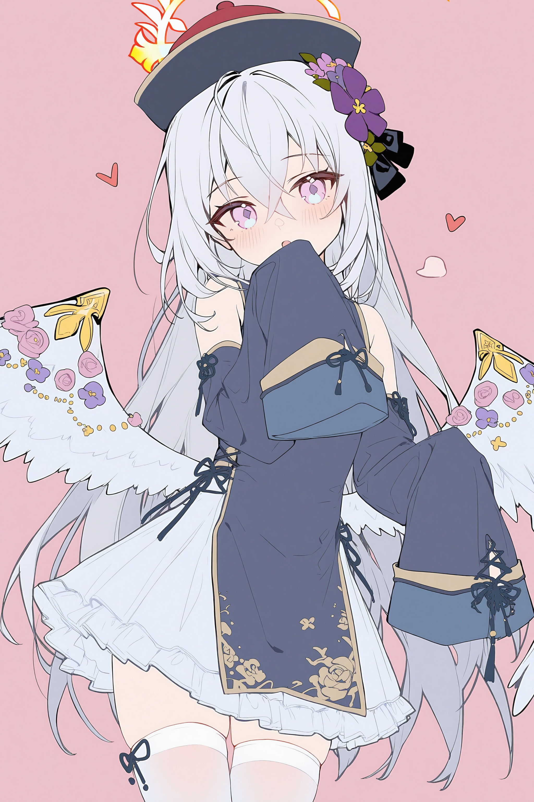 <lora:nai4.5zhengliu-ckxl0.2_v2:0.9>,high resolution,aesthetic,excellent,medium resolution,newest,year 2025,1girl,solo,wings,thighhighs,azusa \(blue archive\),long hair,halo,yellow halo,white thighhighs,jiangshi costume,sleeves past fingers,hat,flower,open mouth,hair ornament,hair flower,sleeves past wrists,looking at viewer,heart,hair between eyes,white wings,purple eyes,angel wings,blush,white skirt,wing ornament,feathered wings,dress,low wings,detached sleeves,simple background,skirt,black headwear,chinese clothes,purple flower,white hair,black dress,long sleeves,grey hair,alternate costume,qingdai guanmao,pink background,cowboy shot,