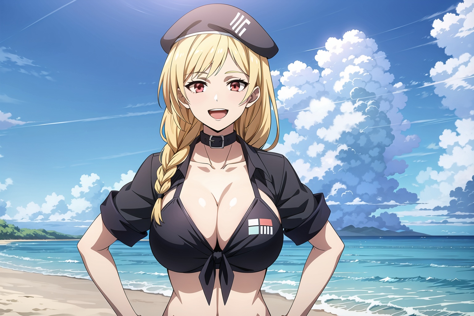 masterpiece,best quality,(beach),sky,1girl,beret,blonde hair, braid, long hair,single braid,red eyes, solo,((black bikini)),(string bikini),(collar),(huge breasts),short sleeves,(smile),open mouth,looking at viewer,standing, hands on hips,<lora:sailika:0.6>, <lora:add_detail:0.5>,