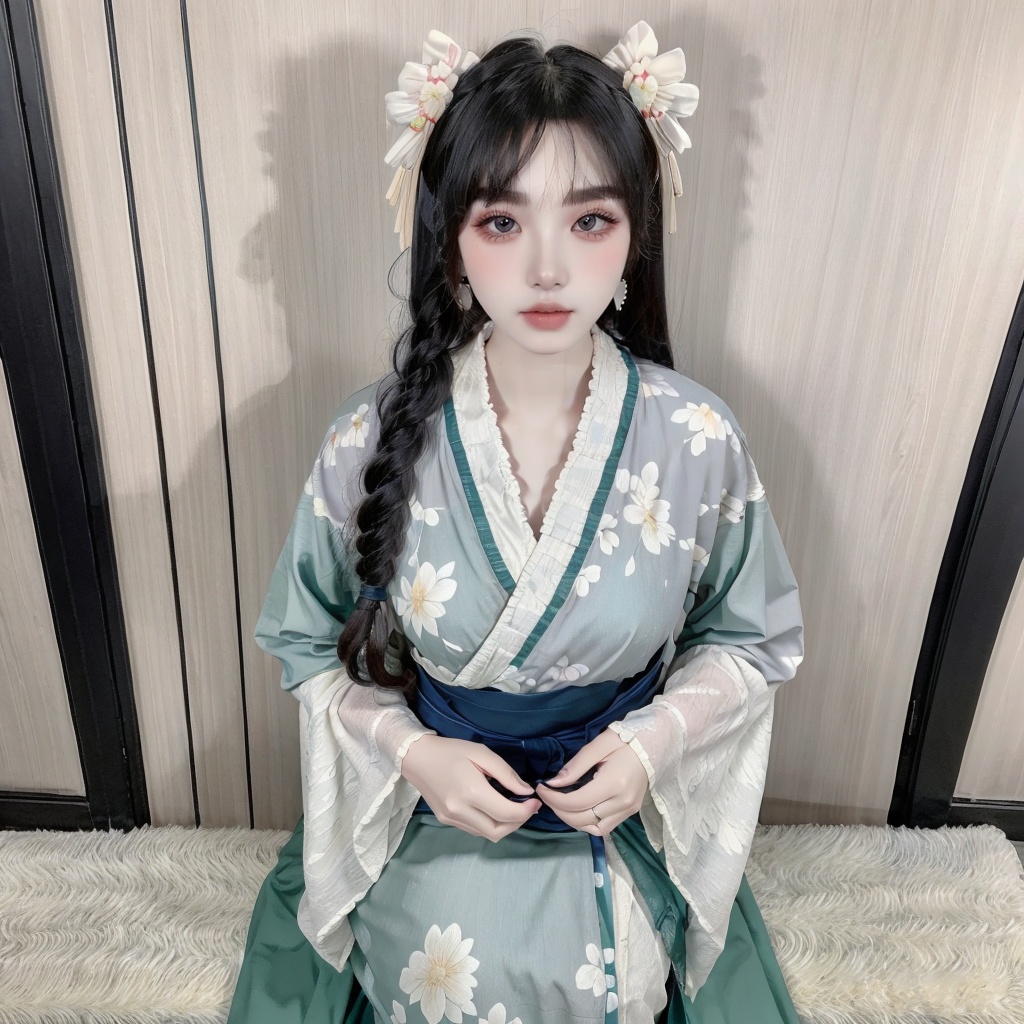 1girl,floral_print,earrings,black_hair,solo,chinese_clothes,hanfu,jewelry,long_hair,<lora:福利姬:0.8>,