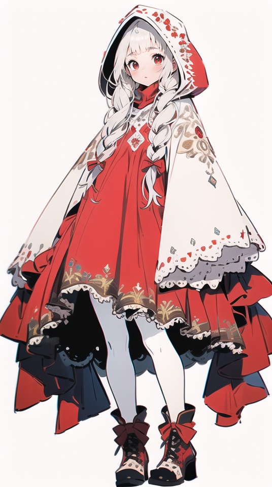 (best quality), ((masterpiece)), (highres), illustration, original, extremely detailed,1girl, solo, braid, red eyes, white background, hood, dress, long hair, simple background, red bow, hood up, looking at viewer, full body, twin braids, pantyhose, bow, standing, white footwear, white dress, sleeves past wrists, long sleeves, boots, white hair, white pantyhose, hair bow, frills