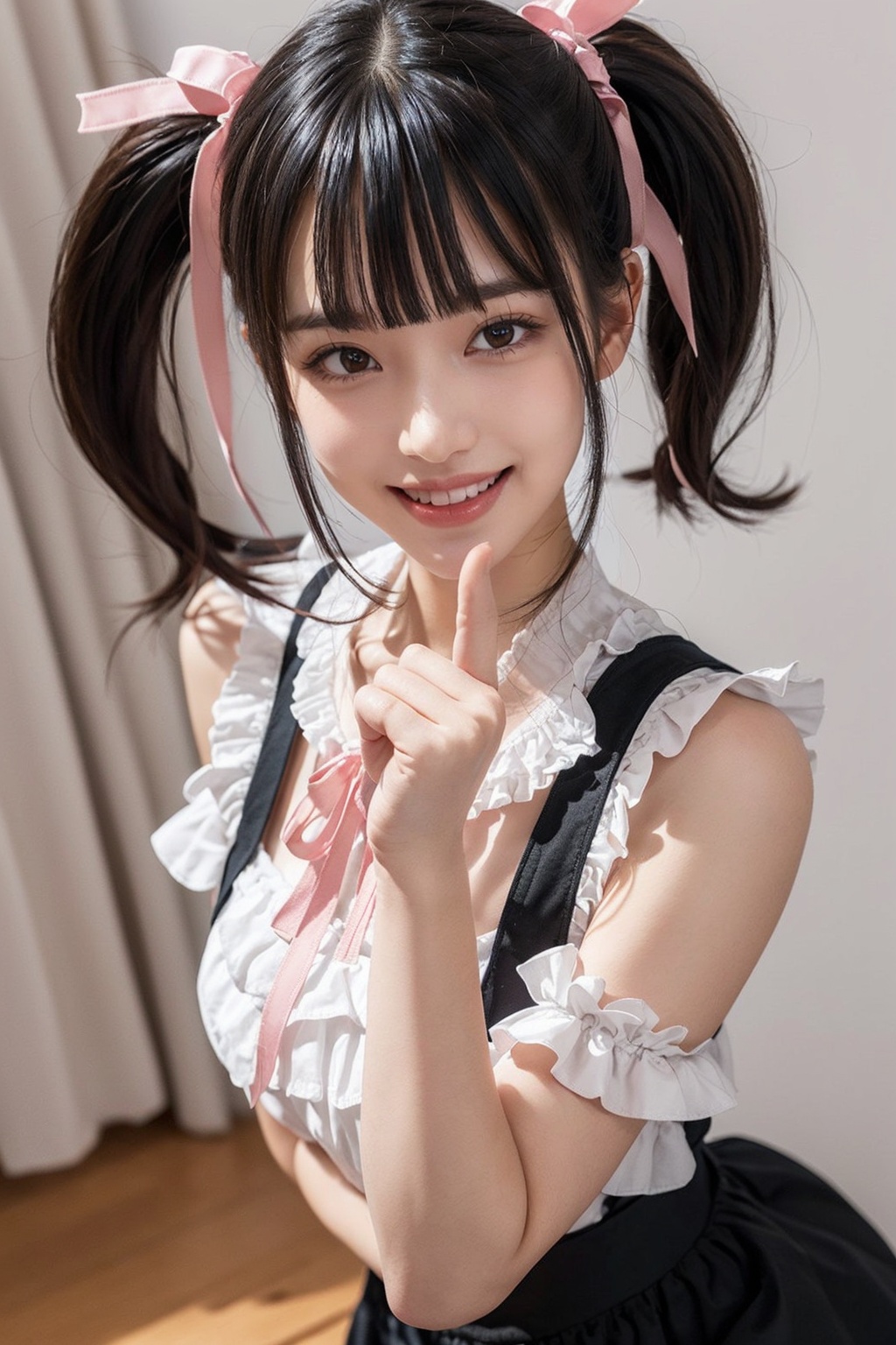 1girl,masterpiece,best quality,ultra-detailed,beautiful detailed,(((extremely detailed face))),(((blunt bangs))),(((streaked hair))),(((big frills and ribbon))),grin,(pink blouse),black skirt,suspender dress,frills,lace,jirai fashion,(twin tail),paw_pose,