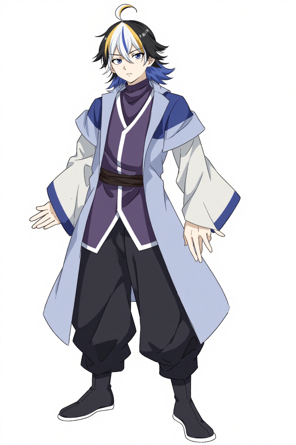 HEZI,Character Design,animation art,quadratic,bright colors,1boy,solo,multicolored hair,long hair,male focus,personification,white background,full body,white hair,standing,simple background,looking at viewer,sleeves past fingers,black footwear,long sleeves,black hair,pants,streaked hair,sleeves past wrists,ahoge,bangs,blue eyes,blonde hair,two-tone hair,hair between eyes,closed mouth,grey eyes,shoes,wide sleeves,blue hair,coat,black pants,robe,parted lips,black eyes,short sleeves,boots,turtleneck,frown,expressionless,chinese clothes,