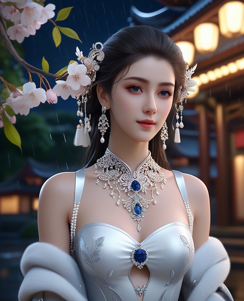 <lora:588-DA-XL-梦塔·雪谜城-白亦君:0.8>(,1girl, ,best quality, ),looking at viewer, ,ultra detailed 8k cg, ultra detailed background,  ultra realistic 8k cg,          cinematic lighting, cinematic bloom, (( , )),,  , unreal, science fiction,  luxury, jewelry, diamond, pearl, gem, sapphire, ruby, emerald, intricate detail, delicate pattern, charming, alluring, seductive, erotic, enchanting, hair ornament, necklace, earrings, bracelet, armlet,halo,masterpiece, (( , )),,  ,cherry blossoms,(((, night,night sky,,  ultra high res, (photorealistic:1.4), raw photo, 1girl, , rain, sweat, ,wet, )))(( , ))   (cleavage), (),