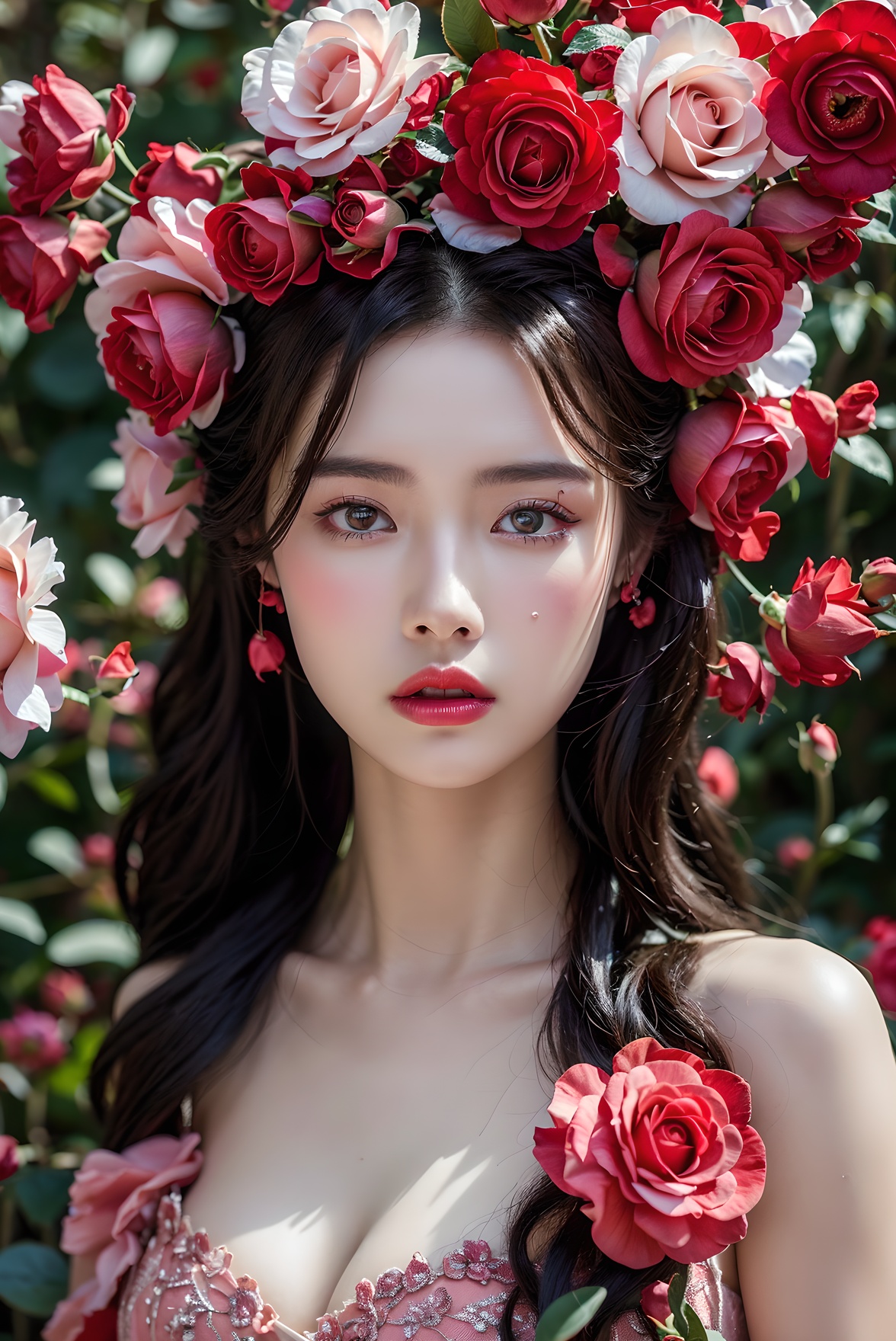 1girl,flower,solo,(Photography blockbuster:1.6),(masterpiece1.2),(8k:1.4),rose,looking at viewer,makeup,red lips,long hair,red flower,petals,red rose,brown eyes,pink flower,lips,collarbone,lipstick, <lora:rose fashion:0.6>,