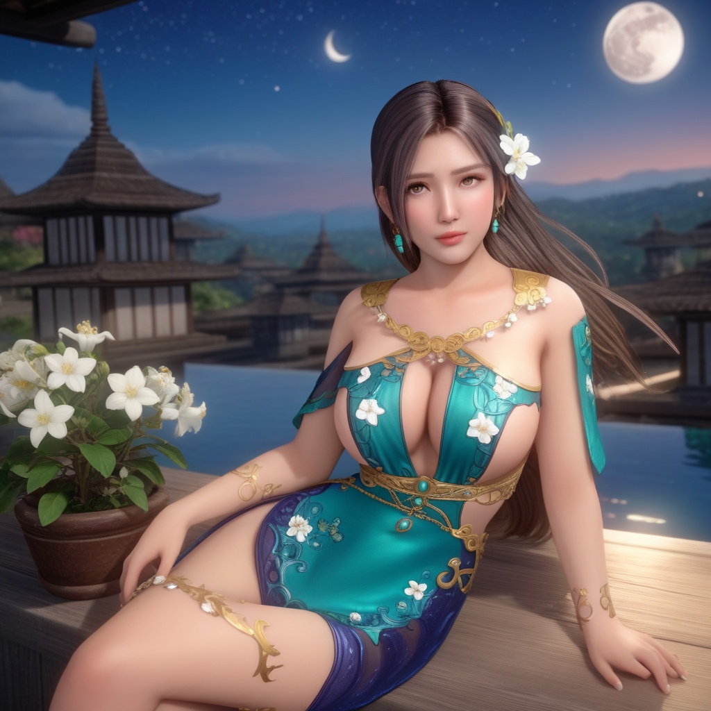 <lora:847-DA-XL-死或生-Elise-BirthdaySuit-20220903:0.8>, (,1girl, ,best quality, ),,  ,,ultra realistic 8k cg, ,masterpiece, (( , )),, realistic,science fiction,mole, ,     ,crescent moon, jasmine \(flower\),     (cleavage),(sit),   (),