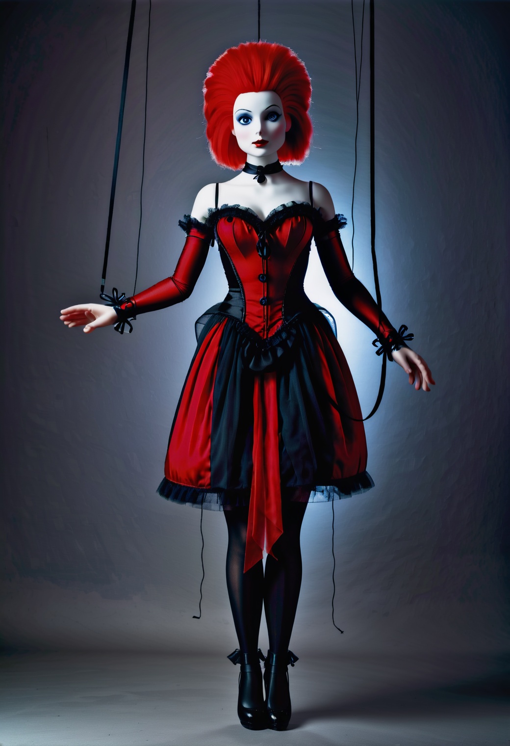 marionetka,  a puppet in a red and black dress,  holding a string on Tensor.Art