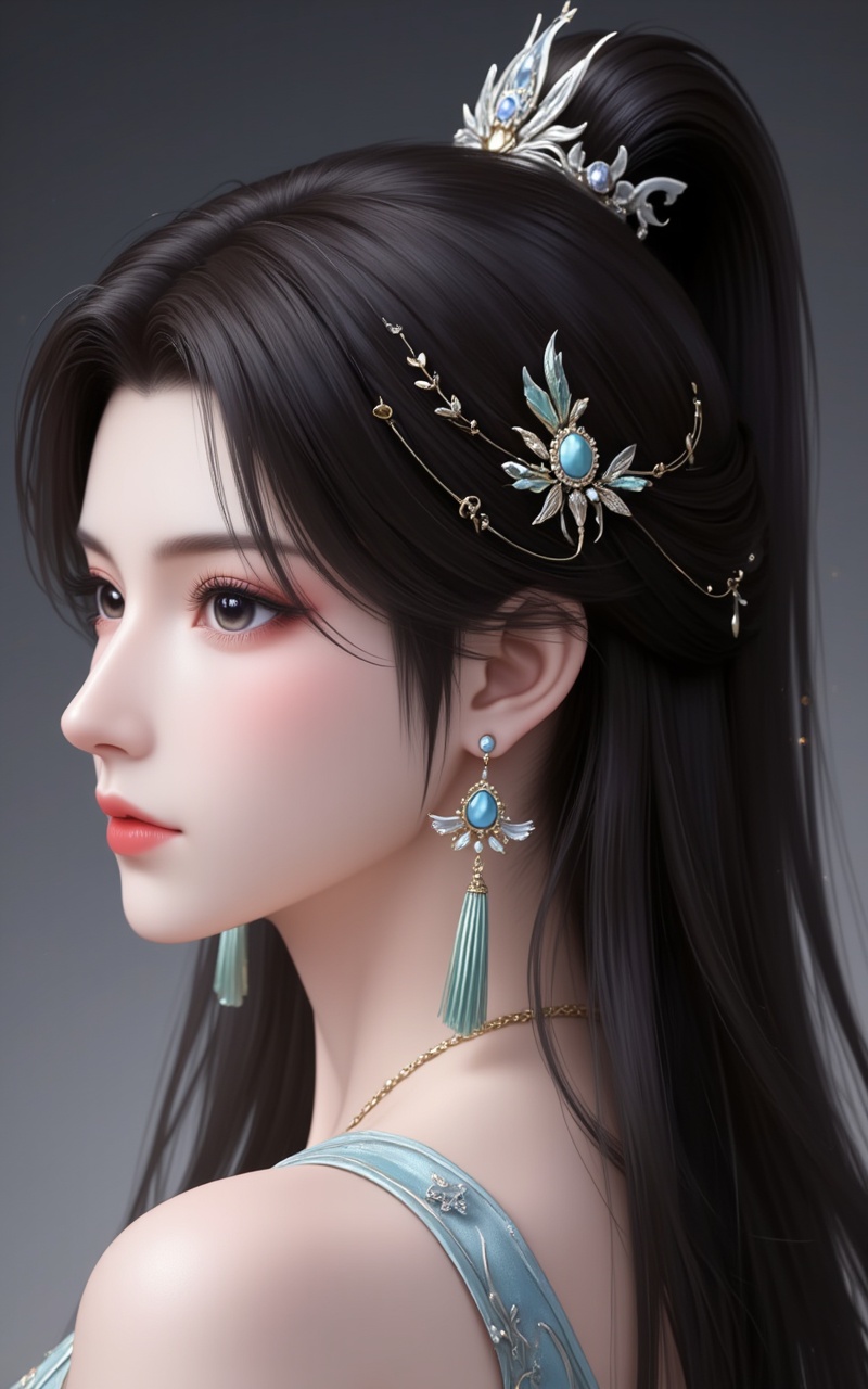 <lora:金箔岩彩·6:0.4>,jinbo,<lora:萧薰儿泛化版6:1>,xiaoxuner,earrings,hair ornament,ponytail,long hair,black hair,jewelry,cover,gradient background,close-up details,outstanding style,adding a touch of dimension to your images without compromising details,close-up,<lora:DJ滤镜_2.5D版:0.4>,lvjing,<lora:油画唯美滤镜15:0.2>,baoshi,