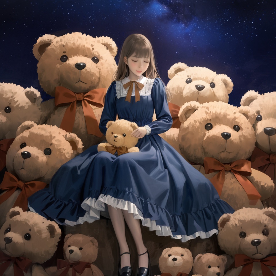 (best quality), ((masterpiece)), (highres), illustration, original, extremely detailed,  <lora:ACG ART3_XL-000006:0.8> 1girl, stuffed animal, stuffed toy, dress, teddy bear, closed eyes, long hair, solo, black footwear, bangs, blue dress, brown hair, long sleeves, bow, shoes, sky, star \(sky\), night, closed mouth