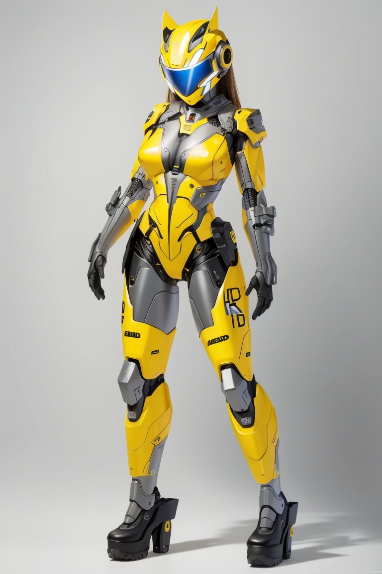 ((HRD, HUD, 8K)),((masterpiece, best quality)), highly detailed, soft light,1girl, solo, breasts, grey background, open hands, science fiction, full body, large breasts, standing, simple background, high heels, helmet, bodysuit, humanoid robot, robot, ﻿ <lora:20240427-1714184585124:0.8>