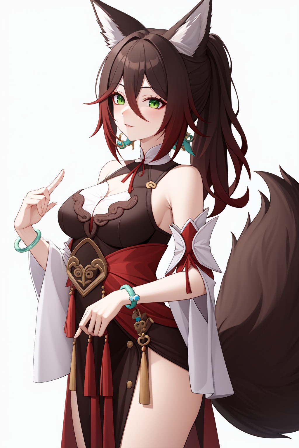 <lora:停云:1:lbw=char>,tingyun,animal ears,green eyes,breasts,brown hair,tail,hair between eyes,fox ears,jewelry,animal ear fluff,ponytail,long hair,fox tail,bracelet,, 1girl,,  (masterpiece,best quality:1.2),absurdres