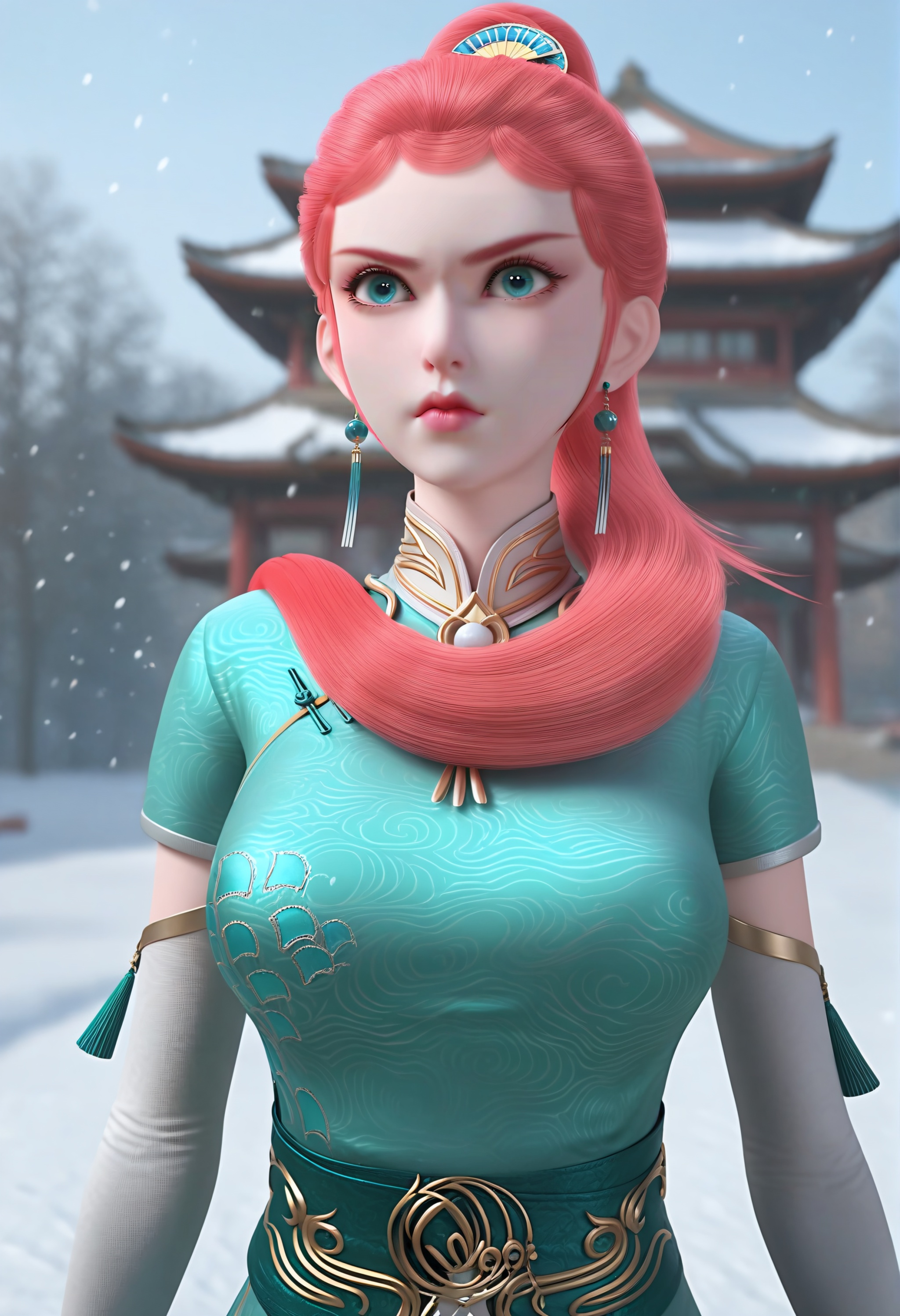 (score_9),<lora:龙羽音-Apony:0.85>,longyuyin,1girl,solo,pink hair,aqua eyes,tassel earrings,long hair,hair ornament,lipstick,high collar,china dress,elbow gloves,jewelry,tassel,belt,sash,<lora:perfect-eyes:0.8>,looking_down,disgust,(hands_on_hips:1.1),glamor,collarbone,puffy breasts,pointy_breasts,large breasts,(snow,ice:1.1),<lora:e色温:0.5>,<lora:Expressive_H:0.8>,<lora:e肤色滑块:0.5>,<lora:SkinRealityOrg_ponyv6_loraplus:0.25>,real skin,<lora:detailed_notrigger:1>,