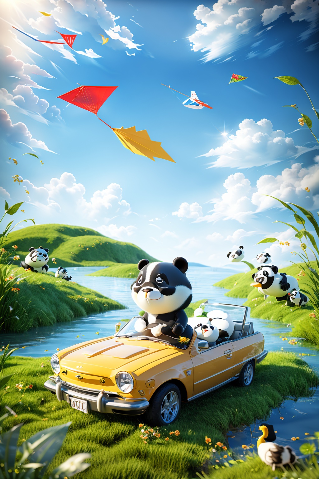 OC rendering, C4D, 3D, product photography, still life, a cute panda holding a kite, followed by a duckling climbing up a grassy slope, blue gradient sky, clouds, ultra wide angle view, top-down view, unmanned,