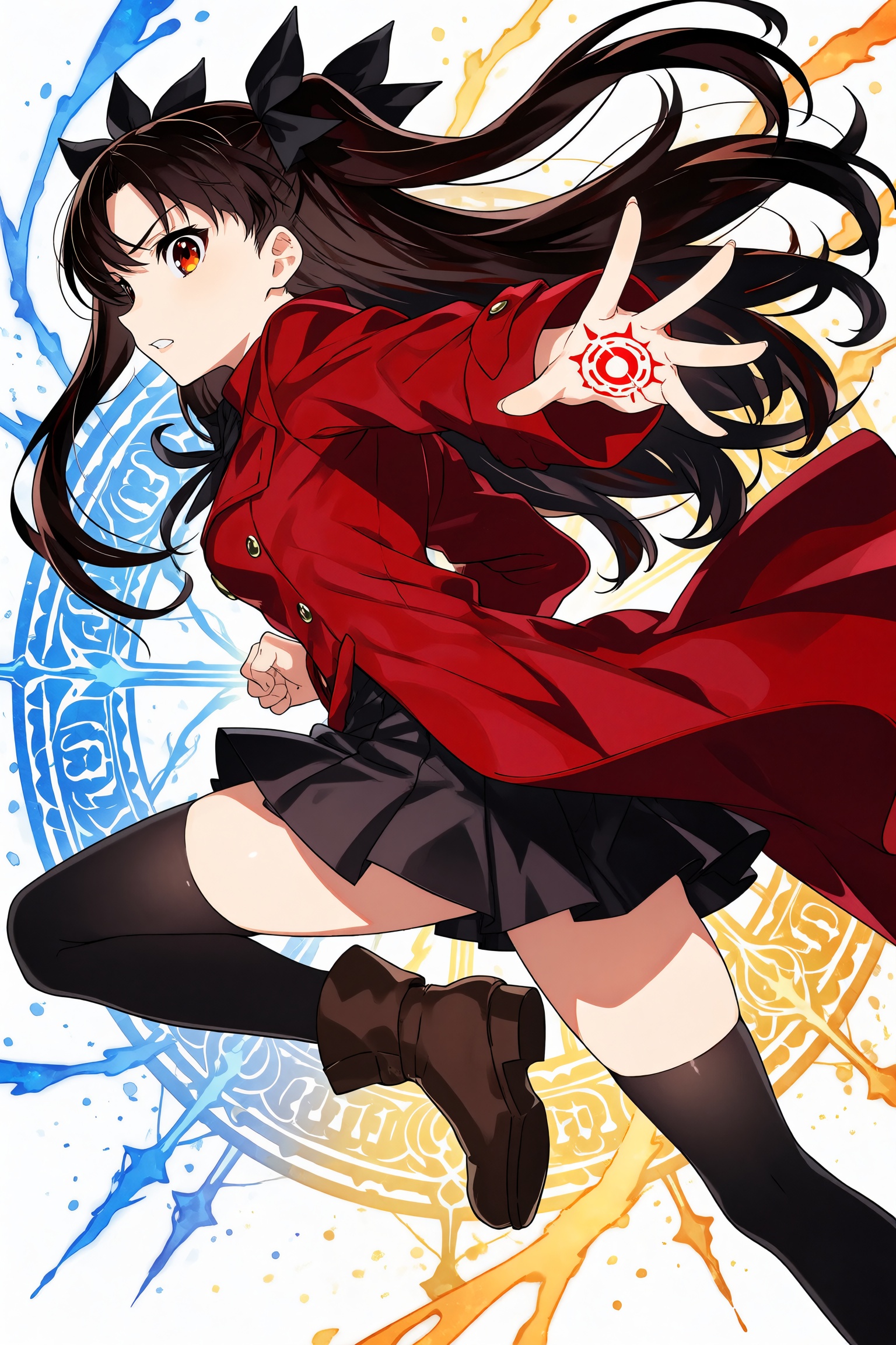 tohsaka rin,  An anime-style illustration of Rin Tohsaka from the Fate series,  captured in a dynamic action pose with a f...