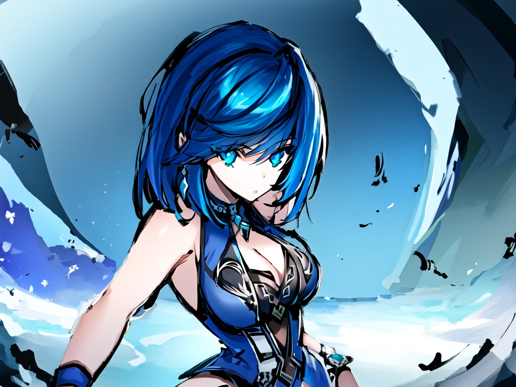 masterpiece, best quality, yelan \(genshin impact\), blue hair, bob, armpit, blue eyes, feather-trimmed jacket, 1girl, mature female, (((expressive eyes))), perfect female anatomy, (medium breasts), (full color), dynamic angle, beautiful landscape, highly-detailed symmetric face, super detailed, 8k, high quality, sharp focus, intricate details, highly detailed, dynamic lighting, detailed and intricate environment, (4k, 8k, absurdres, depth of field, cinematic lighting), symmetrical eyes,  <lora:yelanLoraCollectionOf_yelanHard:0.8>  <lora:tokiameStyleThick_1:1.4>