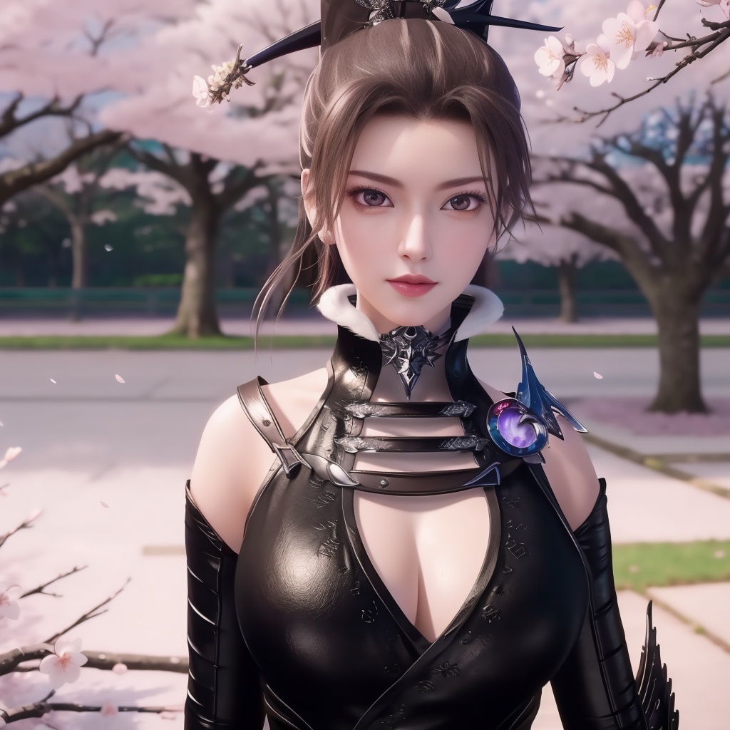 <lora:万界至尊-李雪衣-皮衣:0.8>, (,1girl, ,best quality, ),looking at viewer,  ultra realistic 8k cg,ultra detailed 8k cg,masterpiece,upper body,  (( , )),, ,science fiction,mole, ,    ,outdoors, sun,sunlight, cherry blossoms,      (cleavage),,  (),