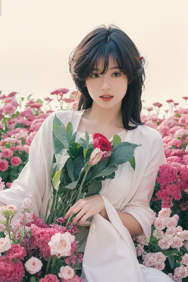 best quality,masterpiece,ultra high res,looking at viewer,simple background,huge breasts,1girl,long hair,flower,Lisianthus,in the style of red and light azure,dreamy and romantic compositions,red,ethereal foliage,playful arrangements,fantasy,high contrast,ink strokes,explosions,over exposure,purple and red tone impression,abstract,whole body capture,<lora:epiczhong_lora:1>,