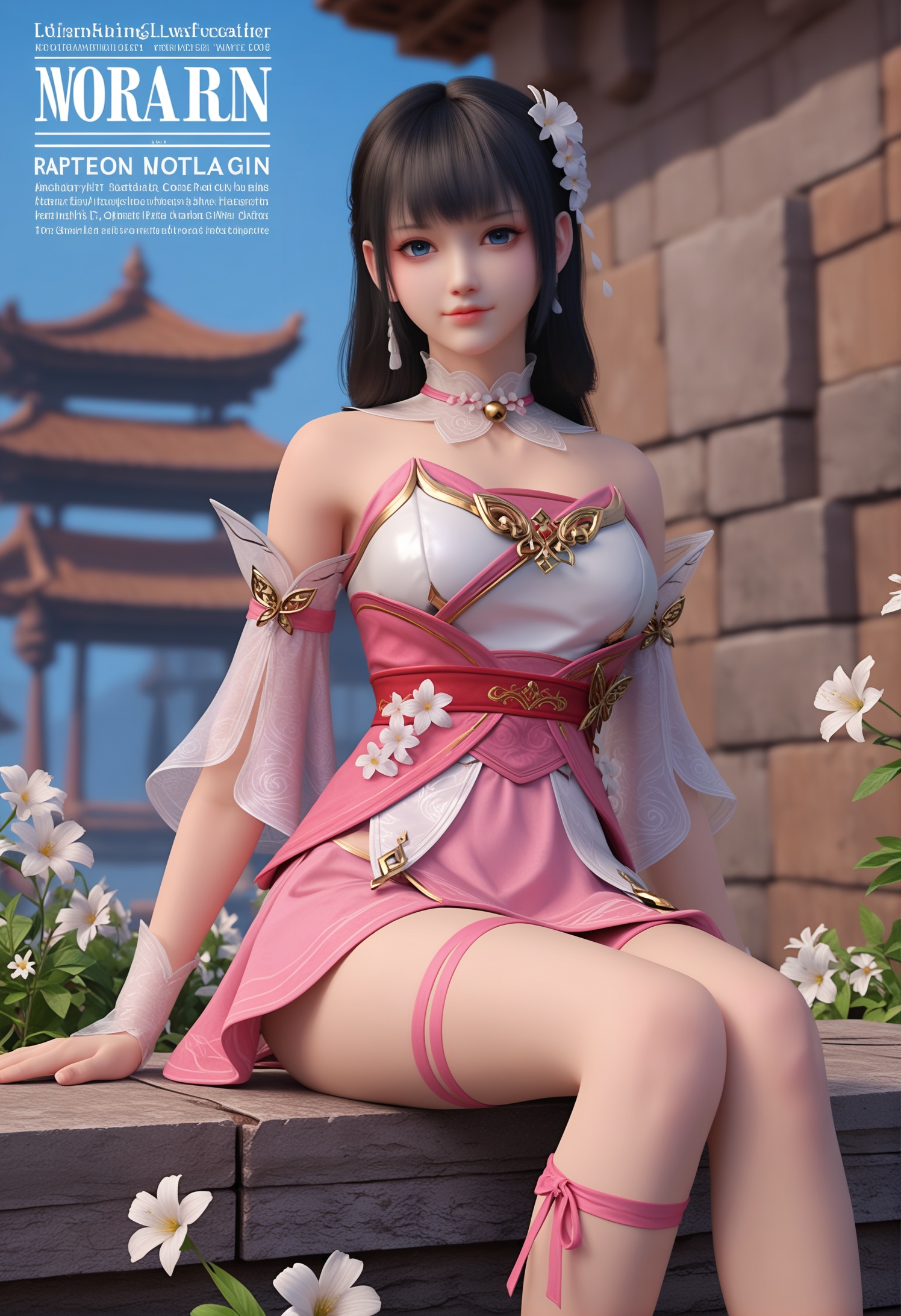 score_9,score_8_up,score_7_up,1girl,solo,realistic,(looking at viewer:1.1),1girl,solo,realistic,dress,pink dress,white dress,thigh ribbon,pink skirt,chinese clothes,detached collar,strapless dress,neck bell,detached sleeves,bare legs,white flower,qq2551213441,1girl,solo,realistic,jewelry,earrings,hair ornament,hair flower,hair rings,butterfly hair ornament,collar,1girl,solo,realistic,(mature face:1.2),big eye,(pale_skin:1.1),shiny_skin,slender face,long hair,blunt bangs,black hair,braid,blue eyes,bare shoulders,closed mouth,realistic,solid background,simple background,(magazine cover theme:0.75),(white chair:0.8),medium breasts,(cleavage:1.1),cleavage cutout,<lora:小巳-穆红绫-粉裙pony:0.85>,