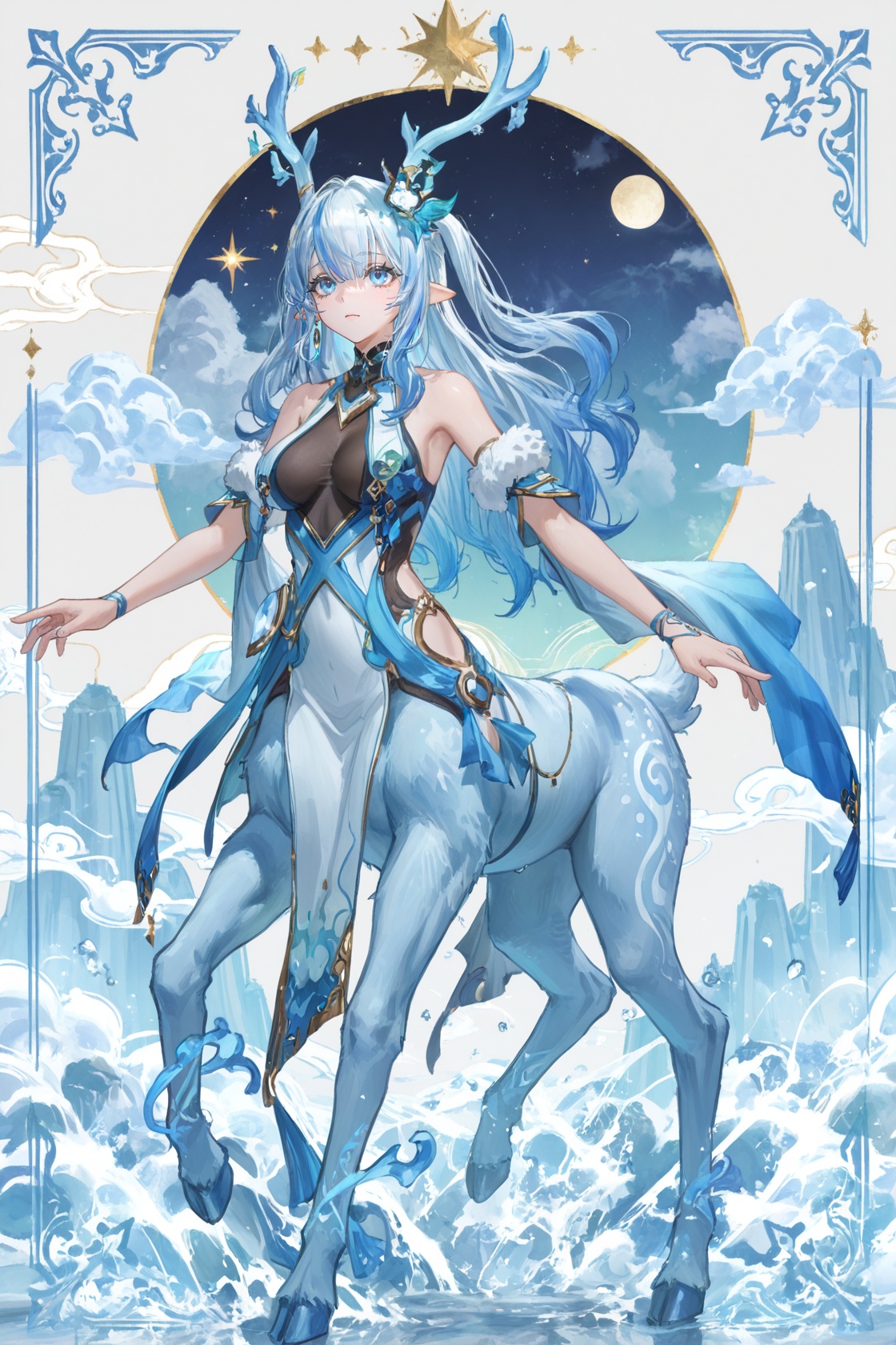 8k,masterpiece,best quality,amazing quality,very aesthetic,absurdres,(ultra-detailed),(high detailed skin),((artist:betabeet)),artist:john_kafka,artist:nixeu,artist:quasarcake,original,normal_quality,(by xilmo, by modare, by reoen:1.1),(hyperrealistic:1.1),(high_contrast:1.1),(holy_(\theme\):1.2),(card_\(theme\):1.1),solo,long hair,fur trim,large breasts,(white-color-scheme:1.1),character card,abstract sun,moon and stars,thick line,solo,<lora:weimo-noob-Tanger-000013:0.8>,weimo \(book of yog\),feibai,clothes: feibai clothes,feibai qipao dress,feibai hair ornament,feibai blue-and-white deer horns,feibai detached sleeves,1girl,breasts,blue eyes,white hair,blue hair,multicolored hair,long hair,bare shoulders,asymmetrical dress,small breasts,loli,full body,cute,dynamic pose,<lora:Laumays-ill-Tanger:0.5>,deer girl,1girl,centaur,monster girl,antlers,tail,blue fur,pointy ears,long hair,breasts,short deer tail,short tail,<lora:neg101-000008:0.45>,murals,holy light,mural sun,simple white background,angels come,clouds,card border,frame pattern,