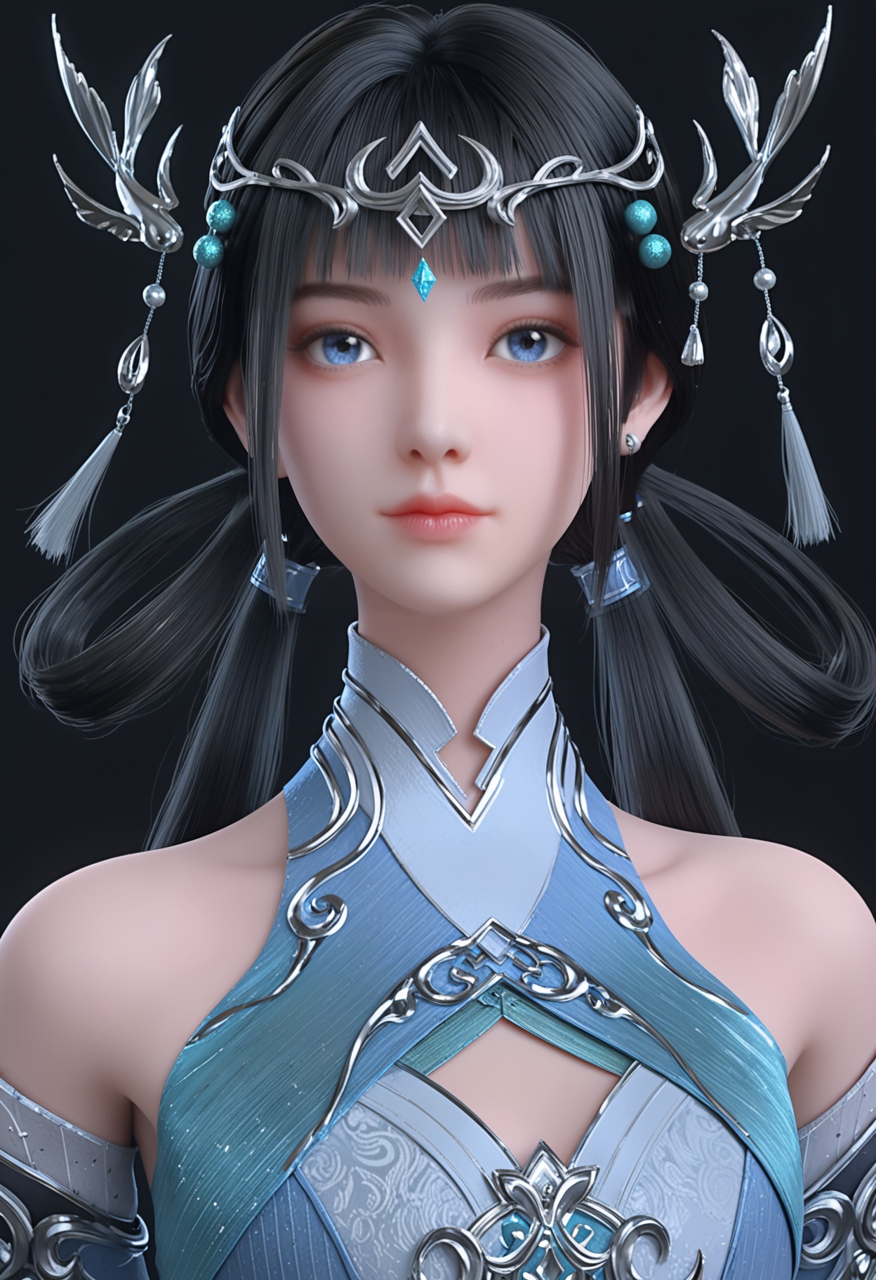 (looking_at_viewer:1.2),(upper_body:1.2),<lora:YQ_pony_jianyan_V4:0.8>,1girl,q1528437228,solo,black hair,long hair,hair ornament,chinese clothes,hair rings,blue eyes,twintails,jewelry,tiara,earrings,boots,circlet,low twintails,ponytail,blunt bangs,(simple background,pure black background,black background:1.1),perfect_anatomy,
