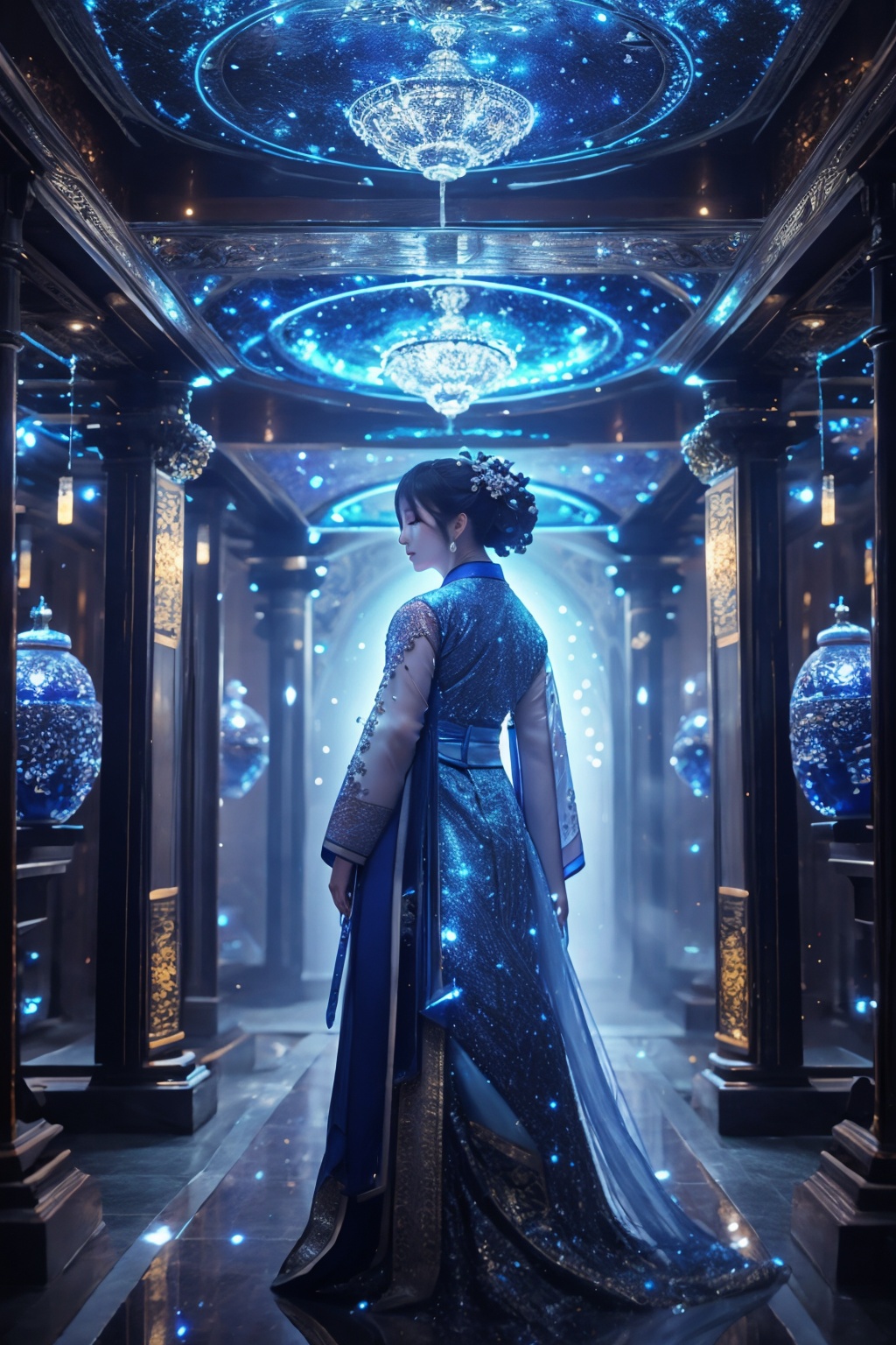 masterpiece,best quality,ultra high res,tashan,<lora:踏山幻想:1>,hanfu,Cobalt theme,depth of field,background light,universe,sparkle,light particles,humanoid organisms,vista-tan,