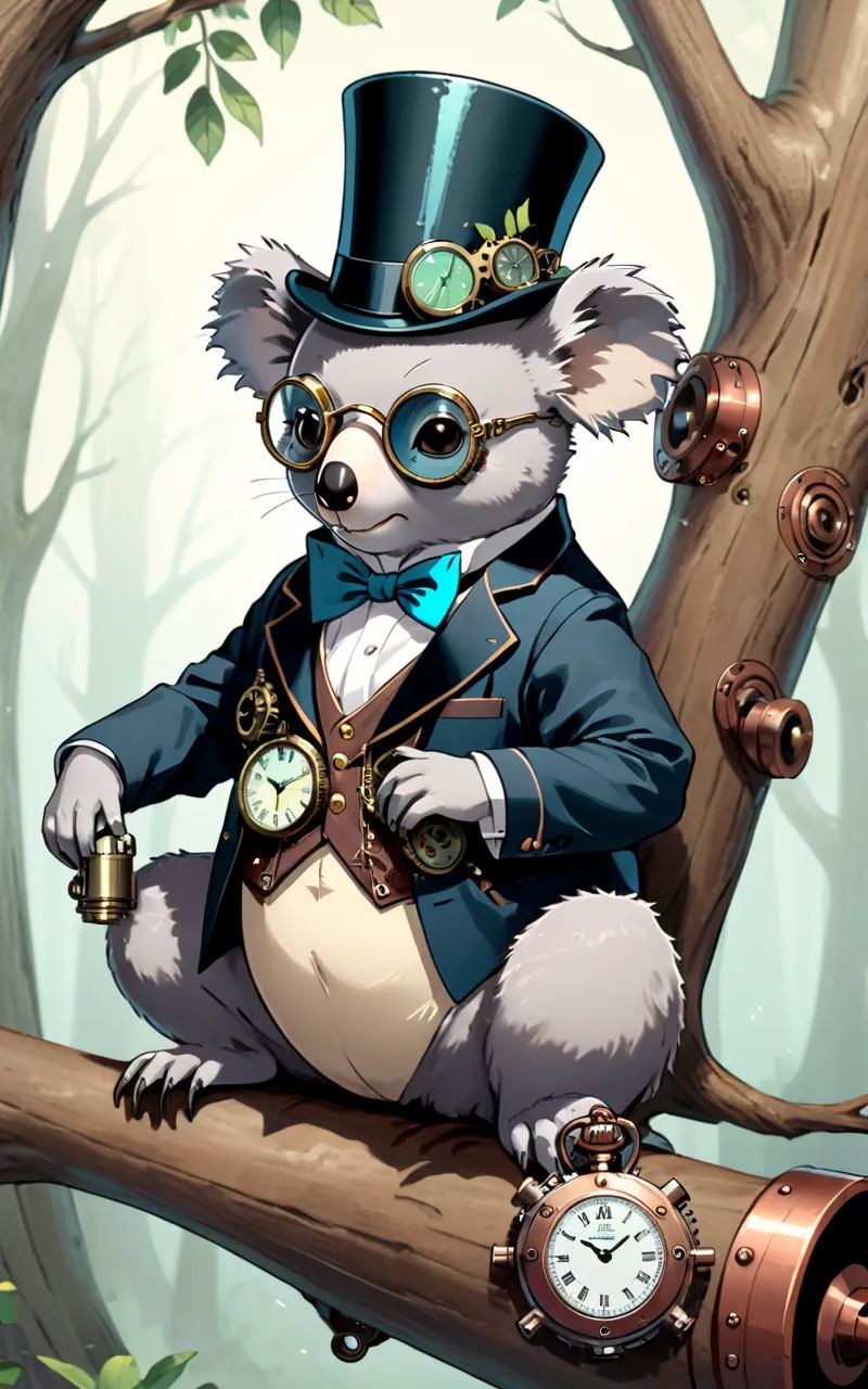 Illustration of a steampunk koala wearing a top hat and goggles,  holding a vintage pocket watch while sitting on a gear-s...