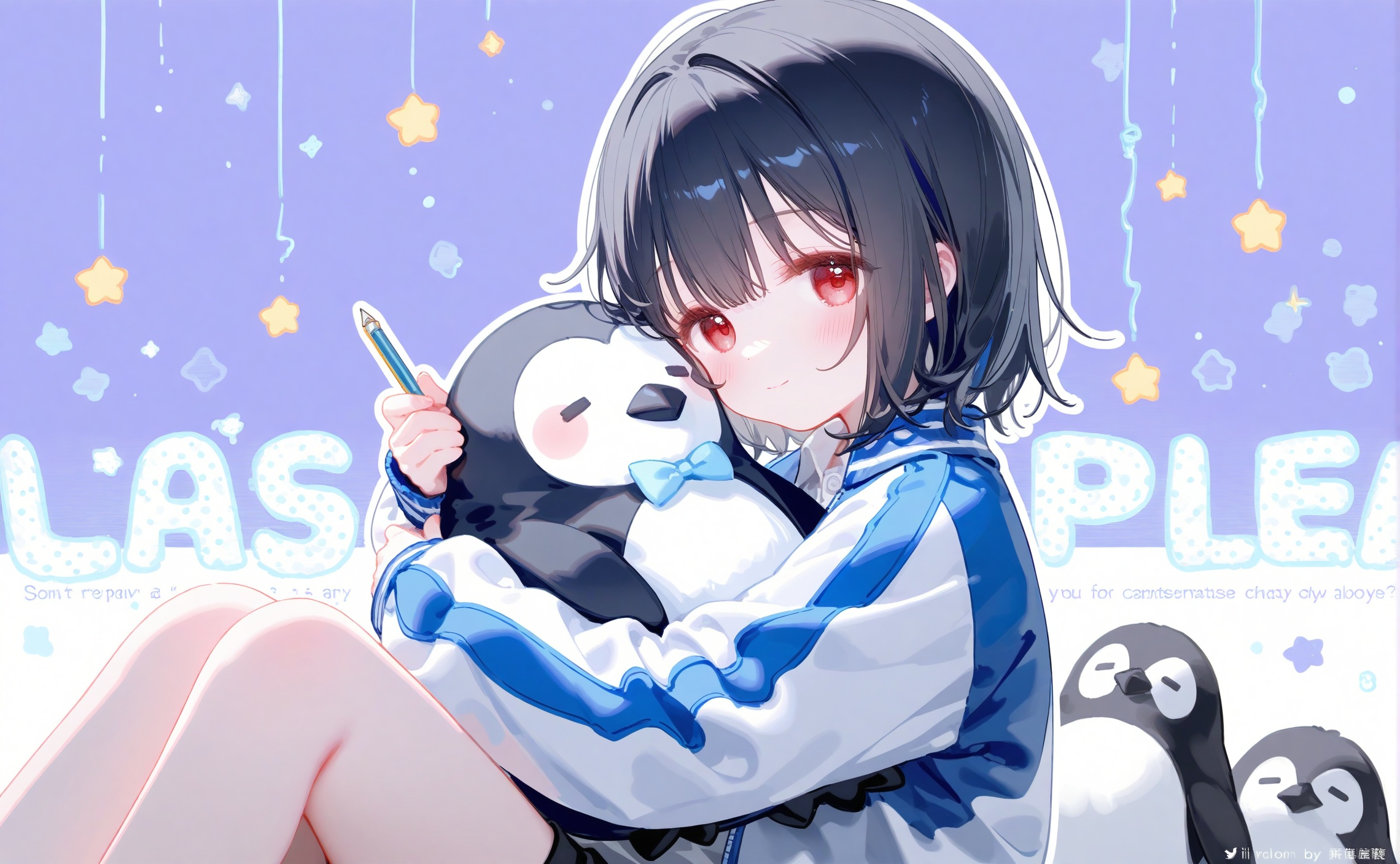 masterpiece,very aware,highres,absurdres,newest,best quality,loli,petite,high quality,chromatic_aberration,cinematic_angle,dutch angle,//,artist:ciloranko,artist:ningen_mame,artist:sho_(sho_lwlw),artist:rhasta,artist:wlop,artist:ke-ta,artist:hiten \(hitenkei\),//best,1girl,penguin,jacket,stuffed toy,eraser,looking at viewer,shirt,stuffed animal,pencil,bird,red eyes,zoom layer,stuffed penguin,star (symbol),shorts,collared shirt,smile,short hair,blue jacket,closed mouth,white shirt,black shorts,long sleeves,holding,black hair,sitting,solo,notebook,white outline,holding stuffed toy,book,mechanical pencil,grey hair,outline,feet out of frame,watermark,hugging object,sleeves past wrists,hair between eyes,halftone,blush,animal hug,holding animal,open jacket,letterman jacket,puffy long sleeves,pen,crossed bangs,light blush,holding notebook,artist name,purple background,open clothes,white jacket,hugging doll,simple background,from side,open book,dot nose,knees up,puffy sleeves,track jacket,multicolored jacket,sample watermark,multiple views,english text,copyright name,looking to the side,light smile,sidelocks,animal,copyright notice,bob cut,hug,head tilt,screentones,collared jacket,eyebrows hidden by hair,holding toy,short shorts,white sleeves,chinese text,halftone background,white background,two-tone jacket,medium hair,