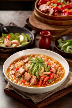 depth of field, chinese food, realistic, food, no humans, steam, bowl, meat, noodles, spring onion, food focus, vegetable, ramen, still life, soup