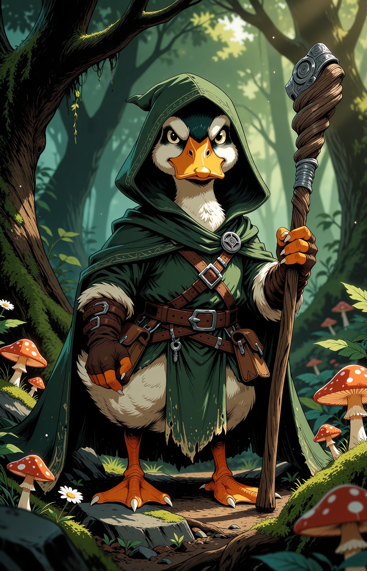 old paper,  A realistic anthropomorphic duck wizard stands ready for battle in a lush enchanted forest. The duck has sharp...